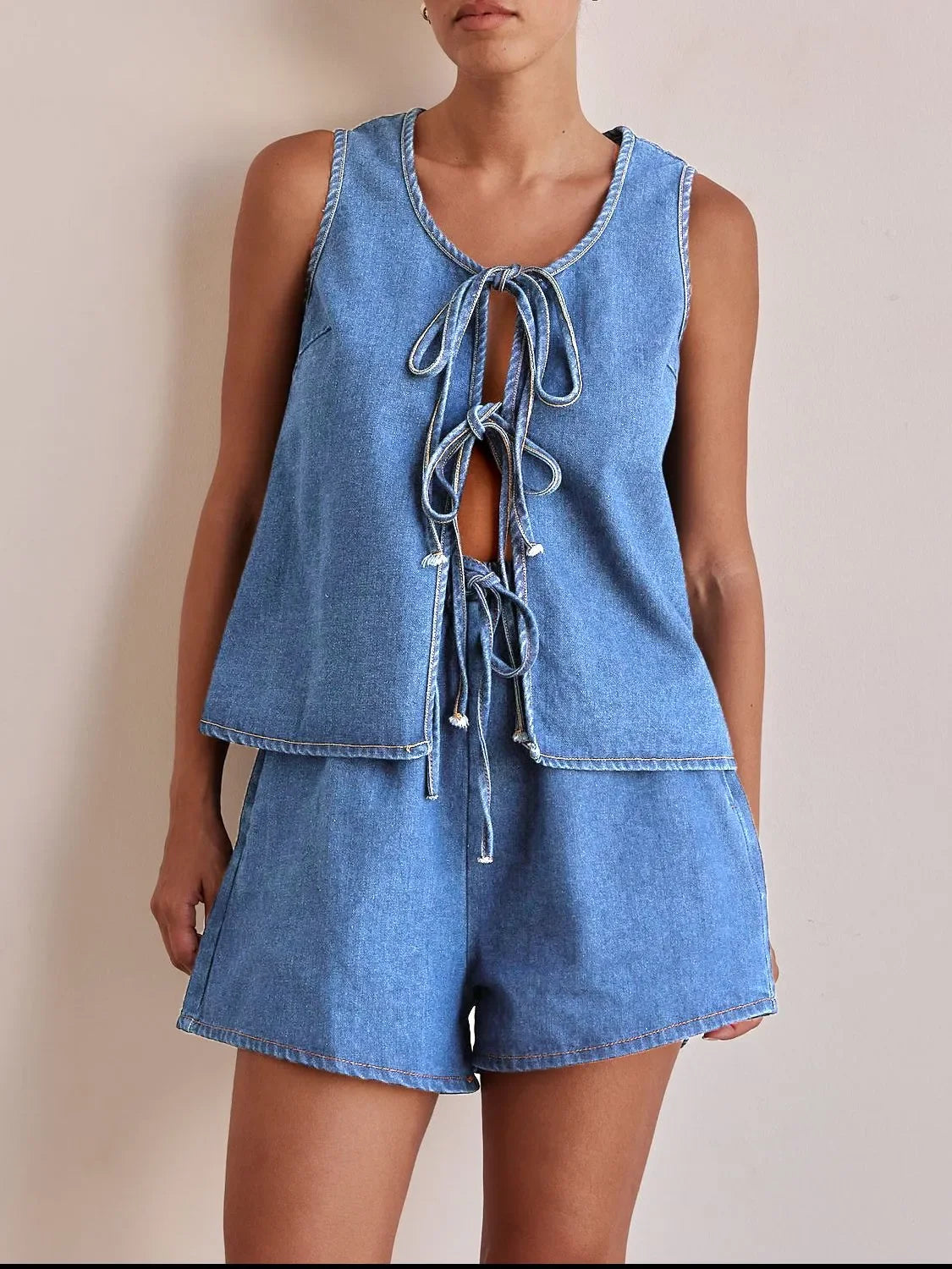 Tie Front Vest and Shorts Denim Set - tif-shop24.de