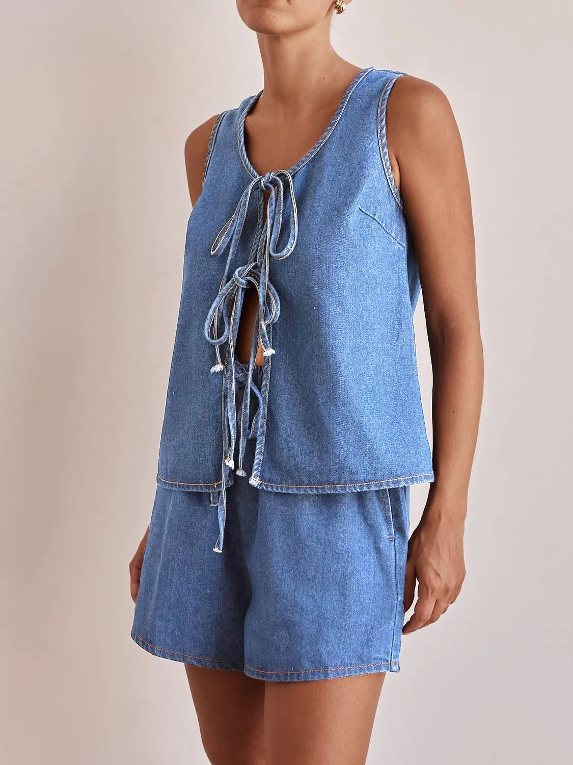 Tie Front Vest and Shorts Denim Set - tif-shop24.de