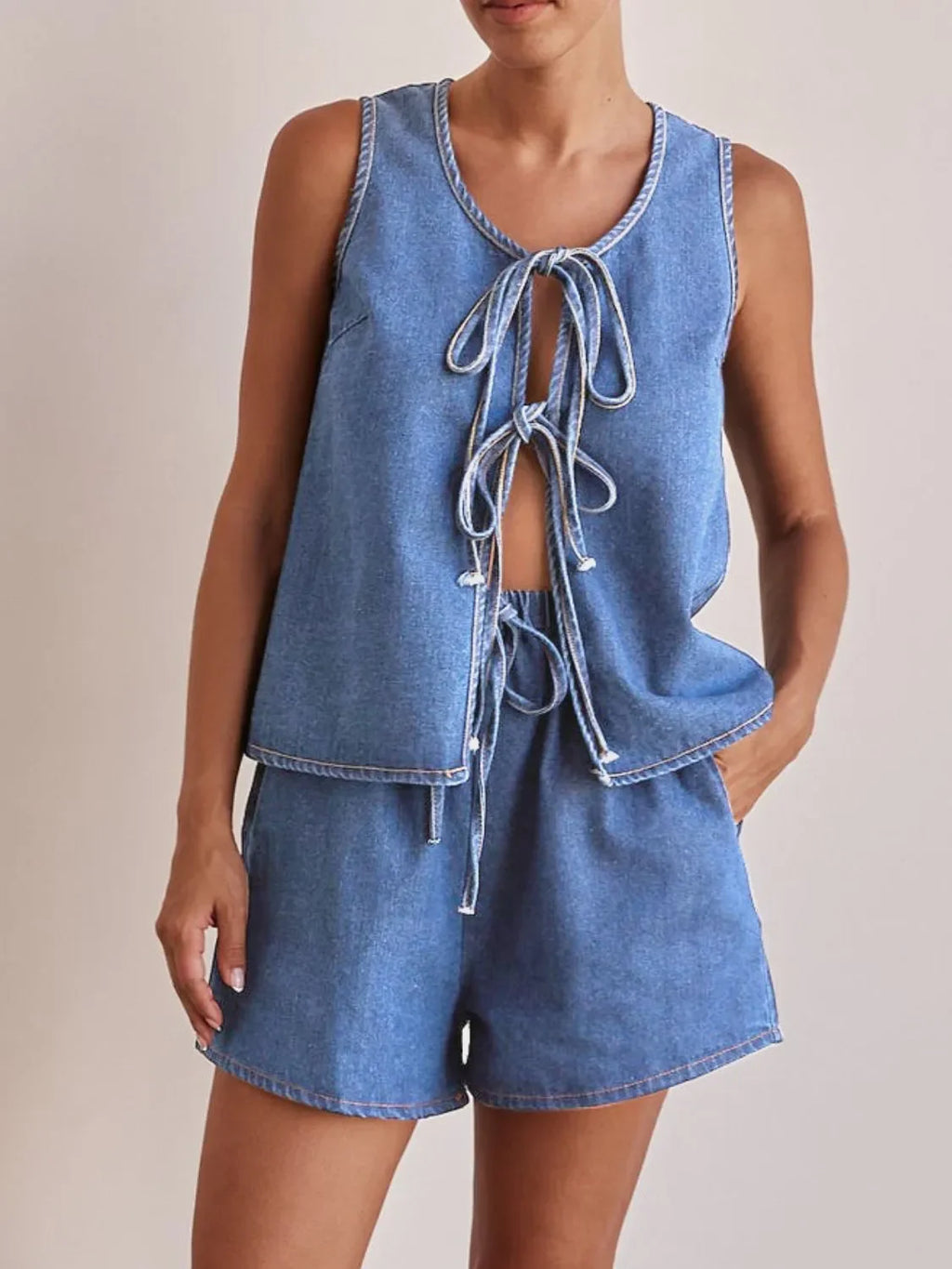 Tie Front Vest and Shorts Denim Set - tif-shop24.de