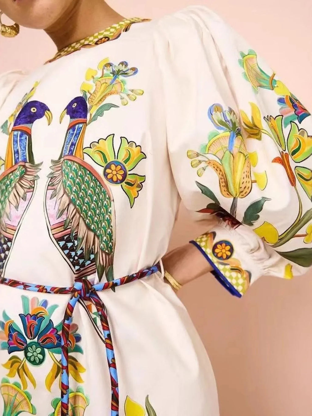 Printed Round Neck Puff Sleeve Dress - tif-shop24.de