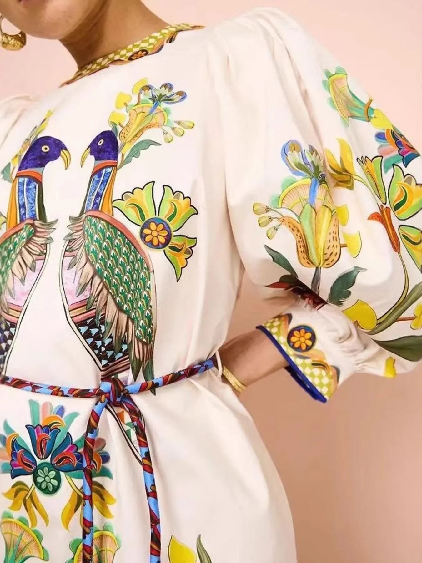 Printed Round Neck Puff Sleeve Dress - tif-shop24.de