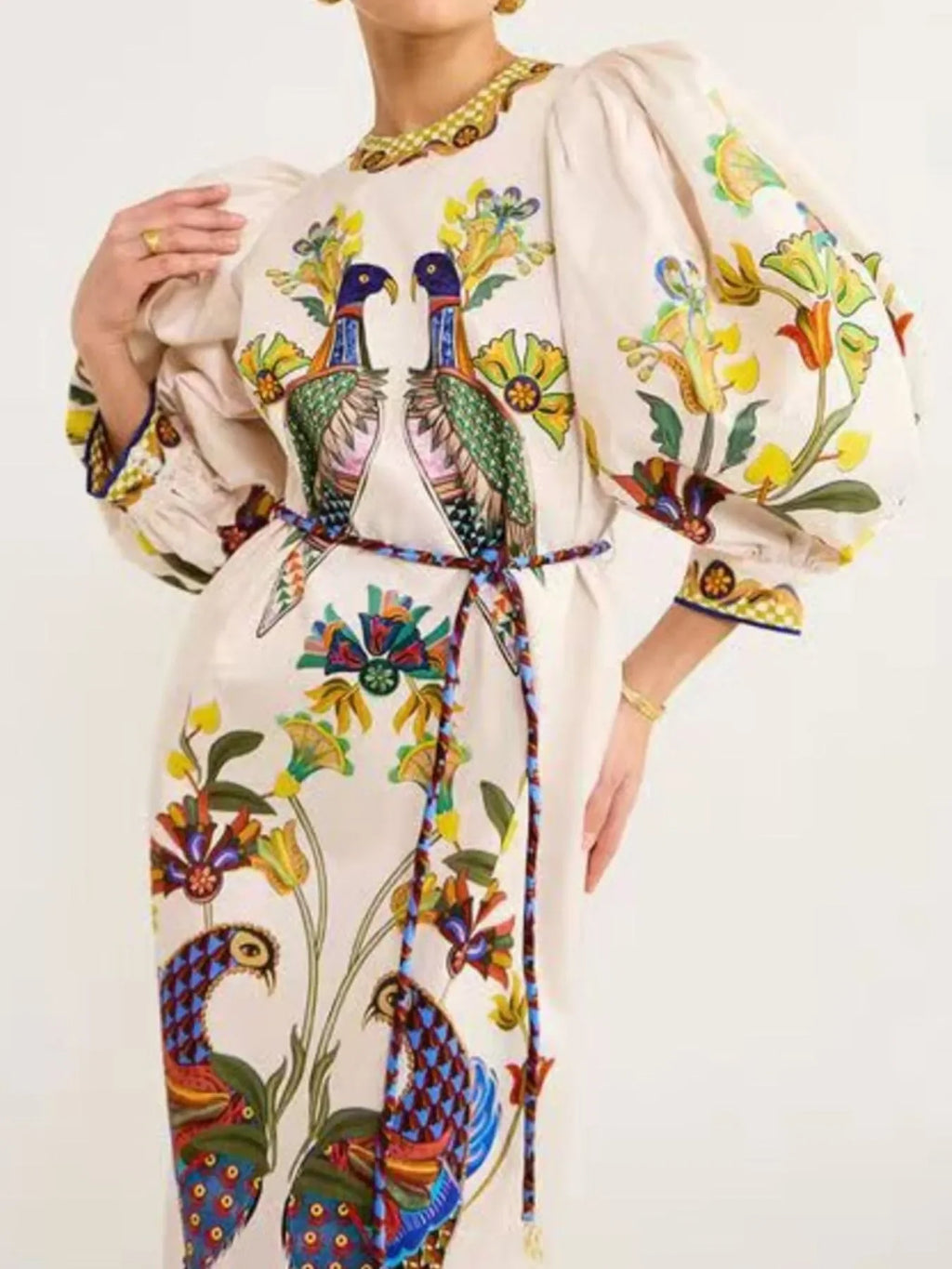 Printed Round Neck Puff Sleeve Dress - tif-shop24.de