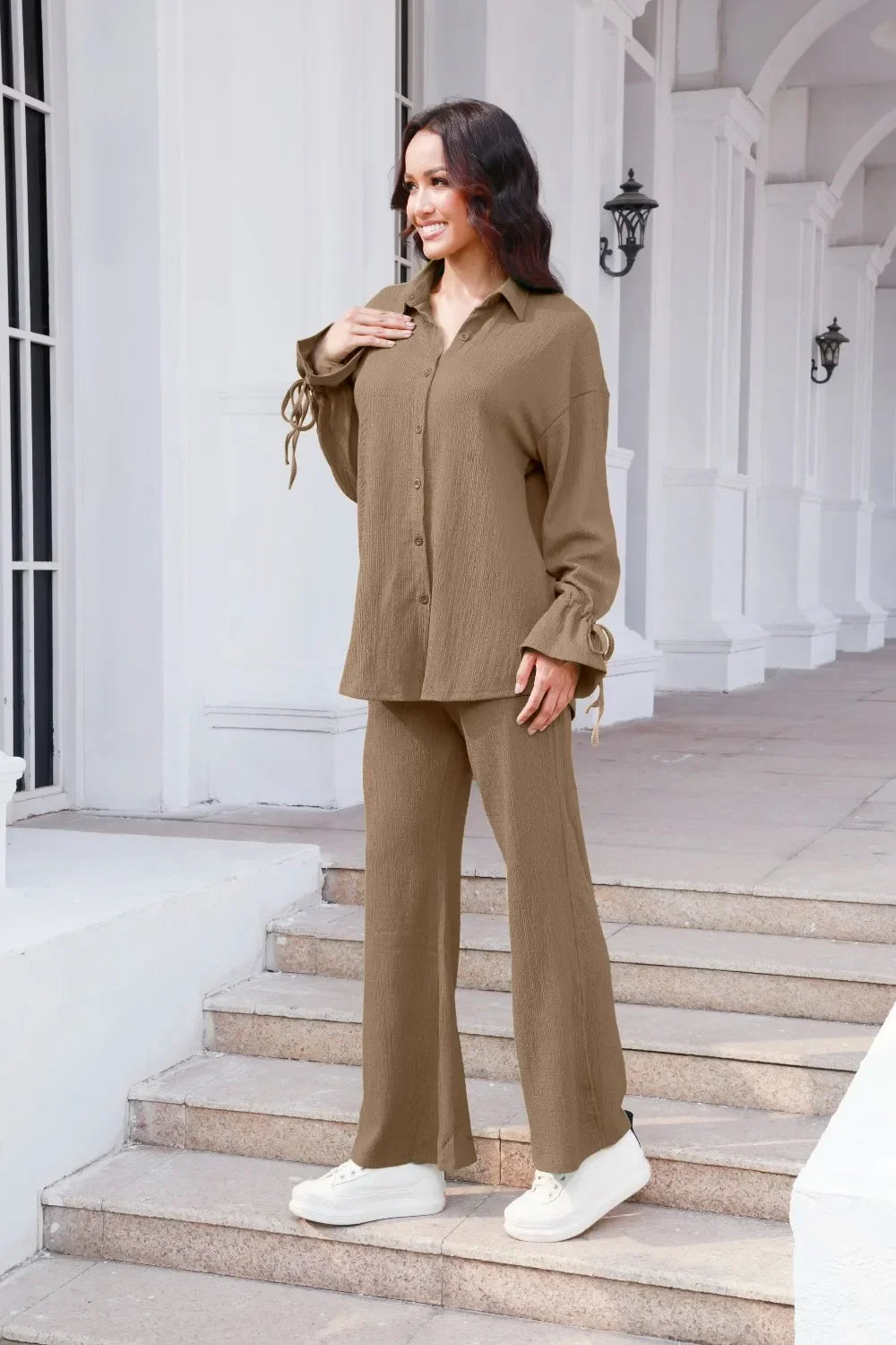 Drawstring Flounce Sleeve Shirt and Pants Set - tif-shop24.de