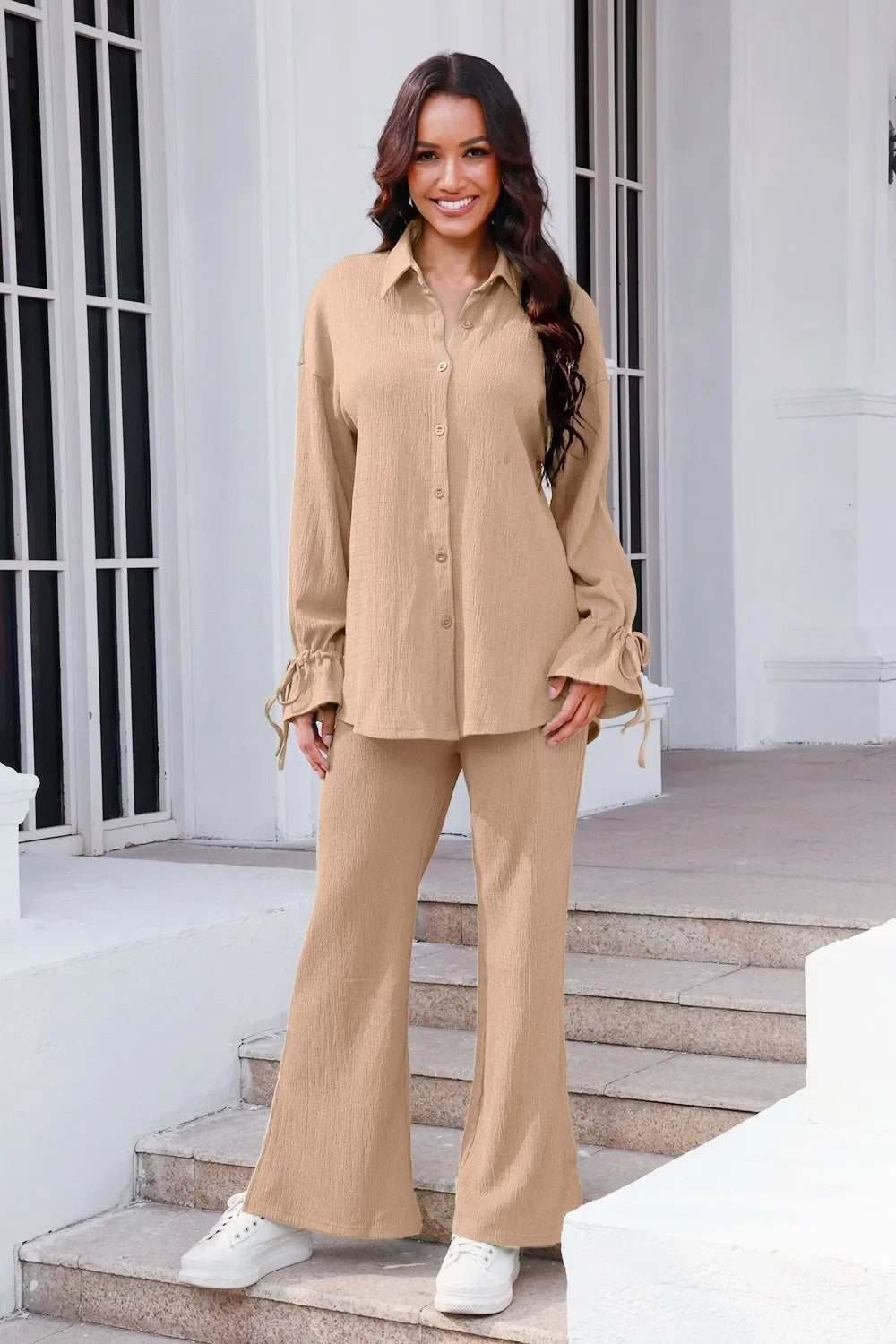Drawstring Flounce Sleeve Shirt and Pants Set - tif-shop24.de
