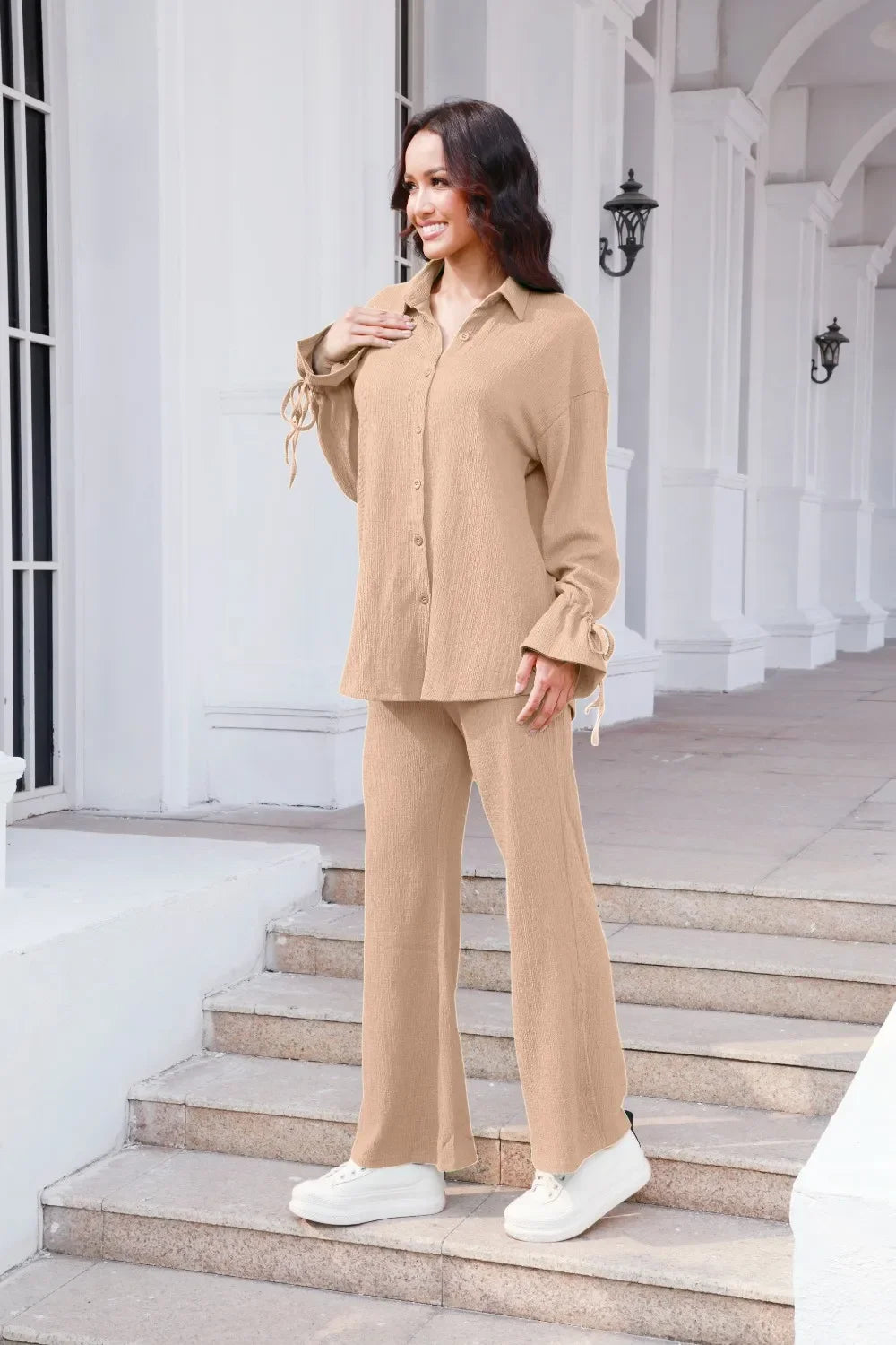 Drawstring Flounce Sleeve Shirt and Pants Set - tif-shop24.de