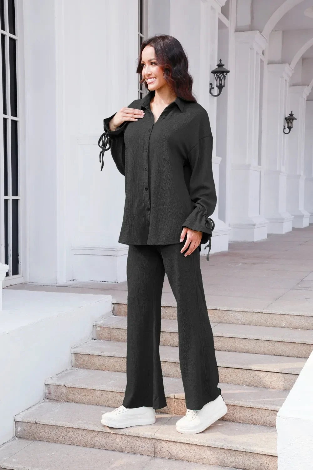 Drawstring Flounce Sleeve Shirt and Pants Set - tif-shop24.de