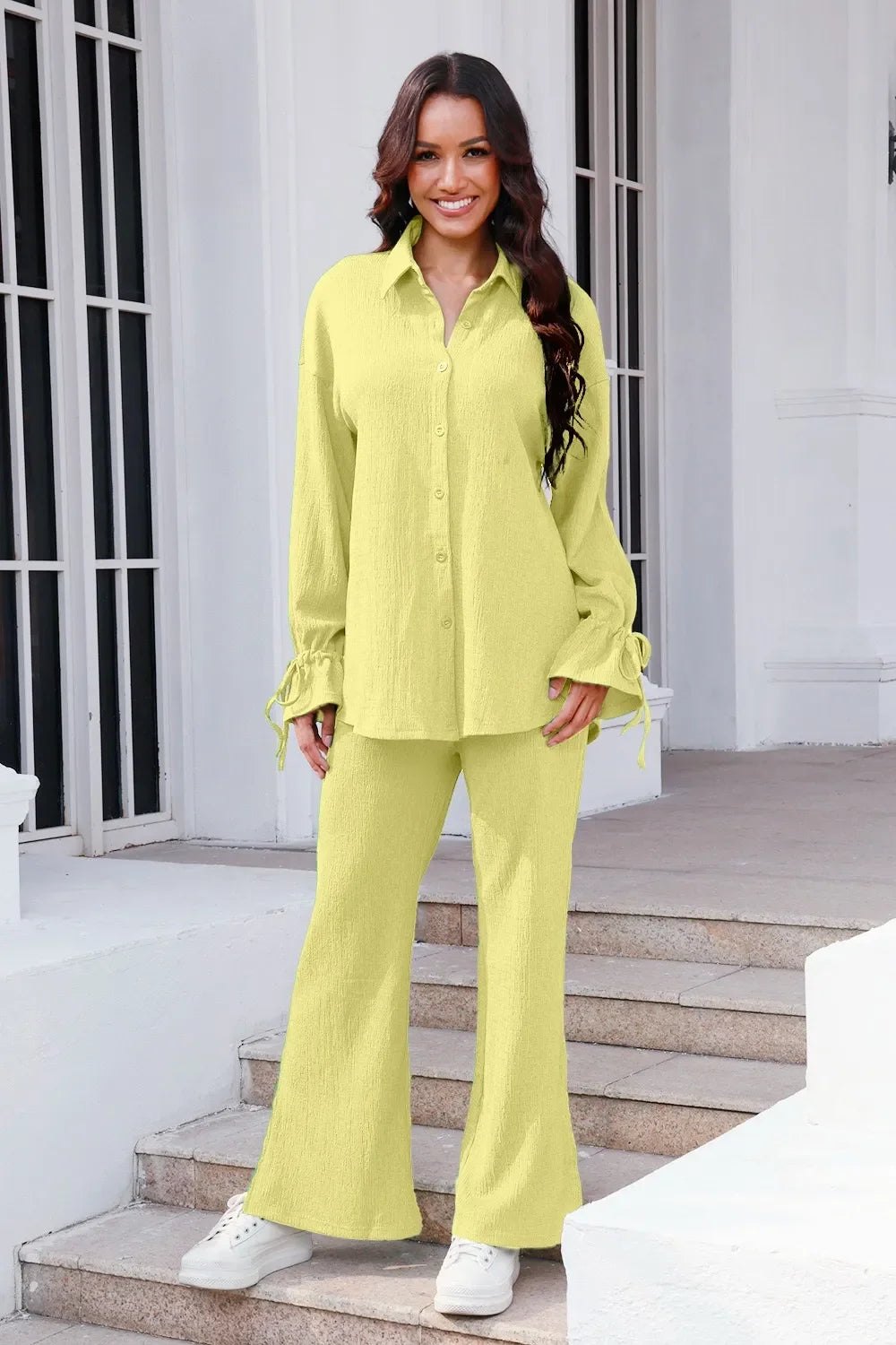 Drawstring Flounce Sleeve Shirt and Pants Set - tif-shop24.de