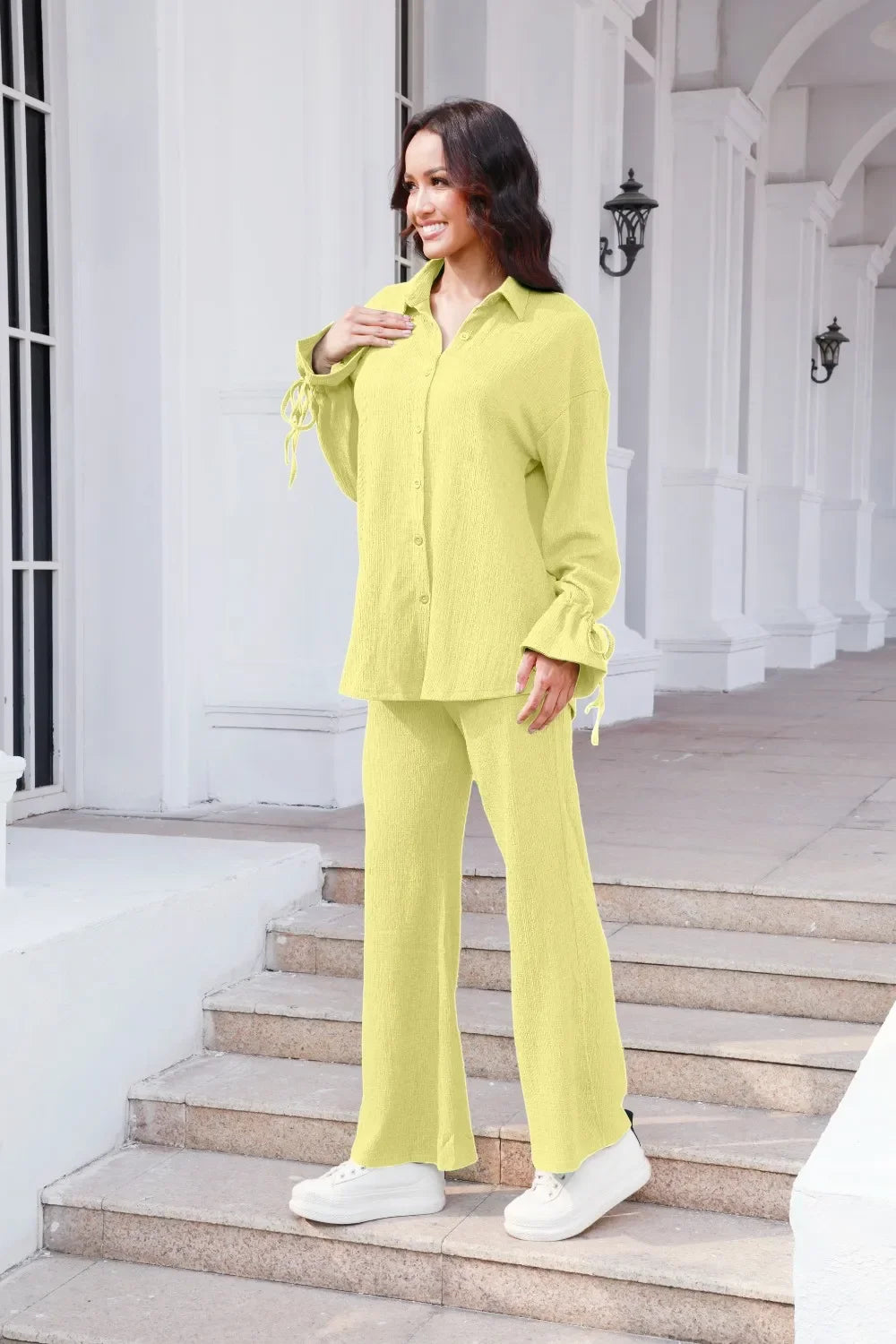 Drawstring Flounce Sleeve Shirt and Pants Set - tif-shop24.de