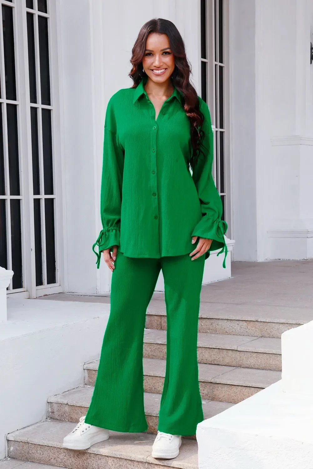 Drawstring Flounce Sleeve Shirt and Pants Set - tif-shop24.de