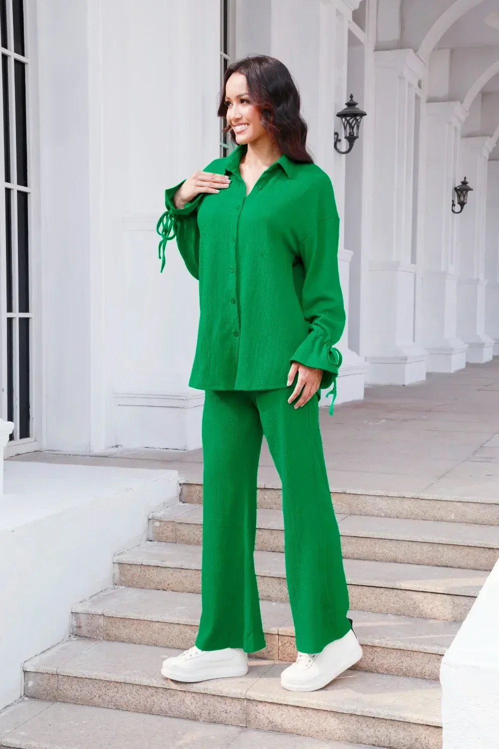 Drawstring Flounce Sleeve Shirt and Pants Set - tif-shop24.de