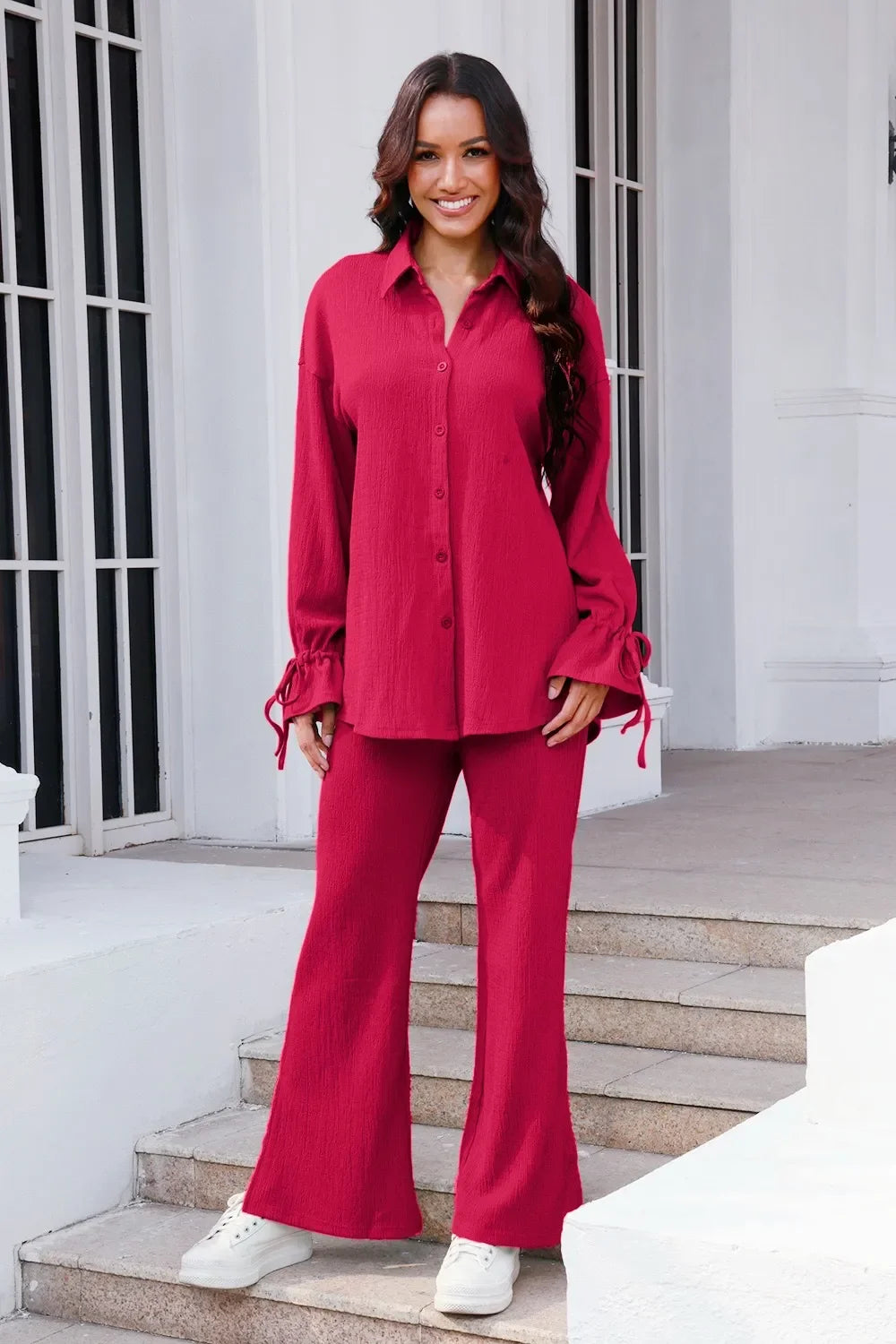 Drawstring Flounce Sleeve Shirt and Pants Set - tif-shop24.de