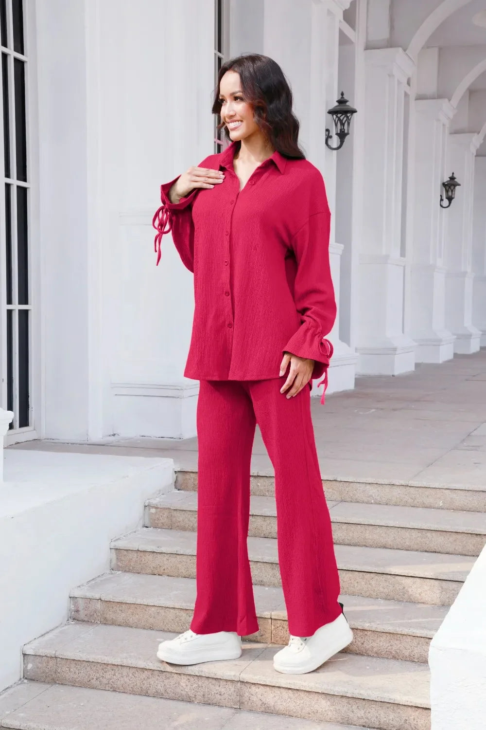 Drawstring Flounce Sleeve Shirt and Pants Set - tif-shop24.de