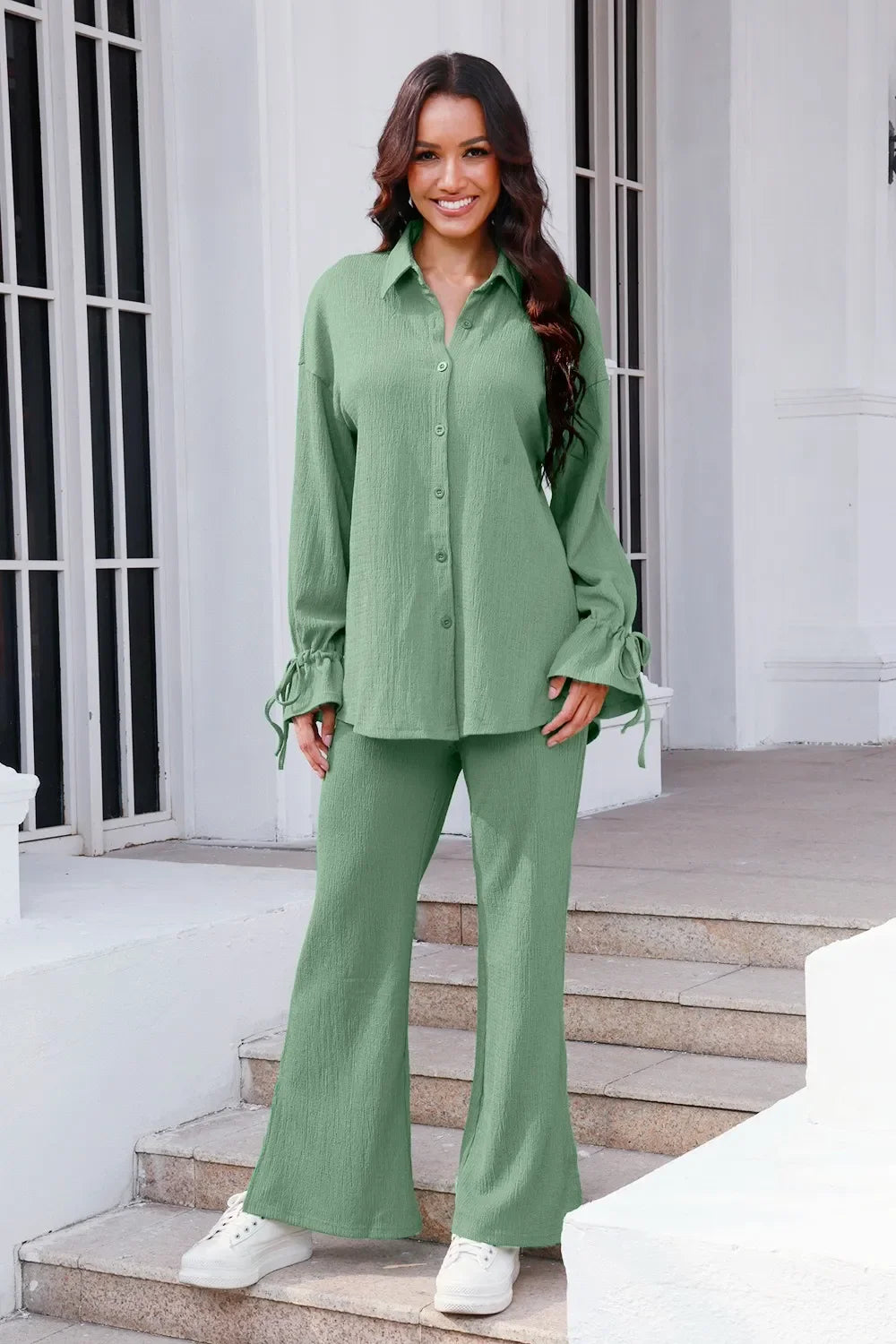 Drawstring Flounce Sleeve Shirt and Pants Set - tif-shop24.de