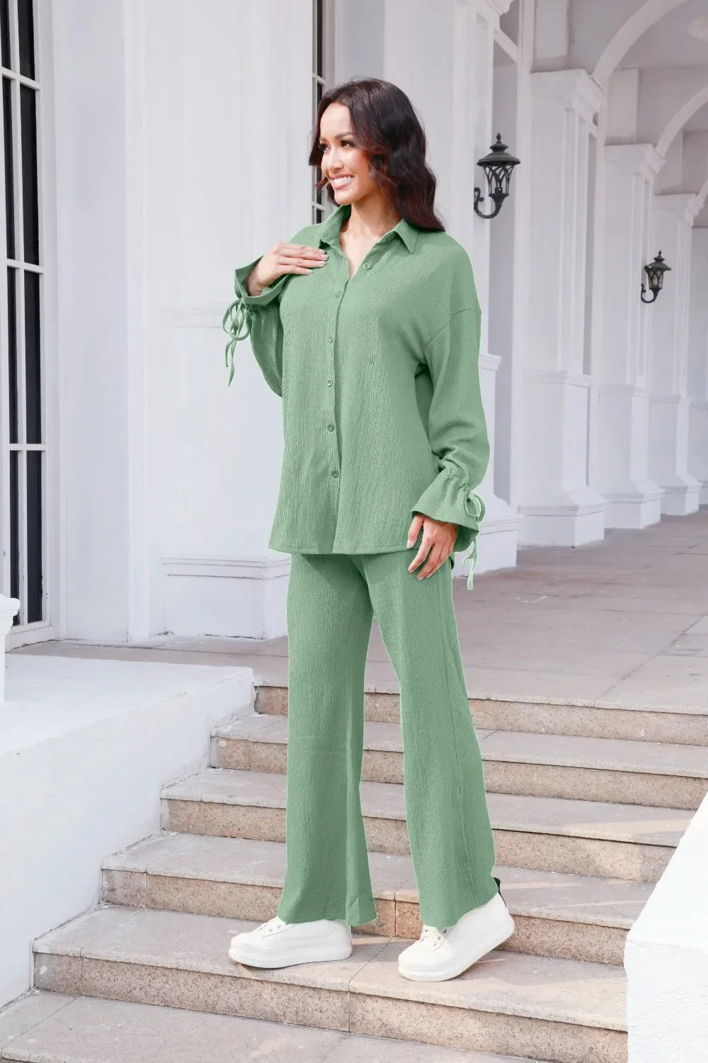 Drawstring Flounce Sleeve Shirt and Pants Set - tif-shop24.de