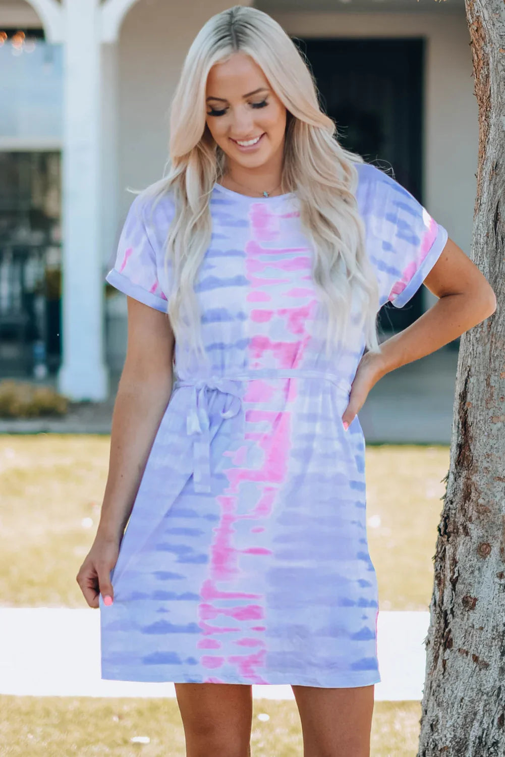 Women Tie-Dye Belted T-Shirt Dress - tif-shop24.de