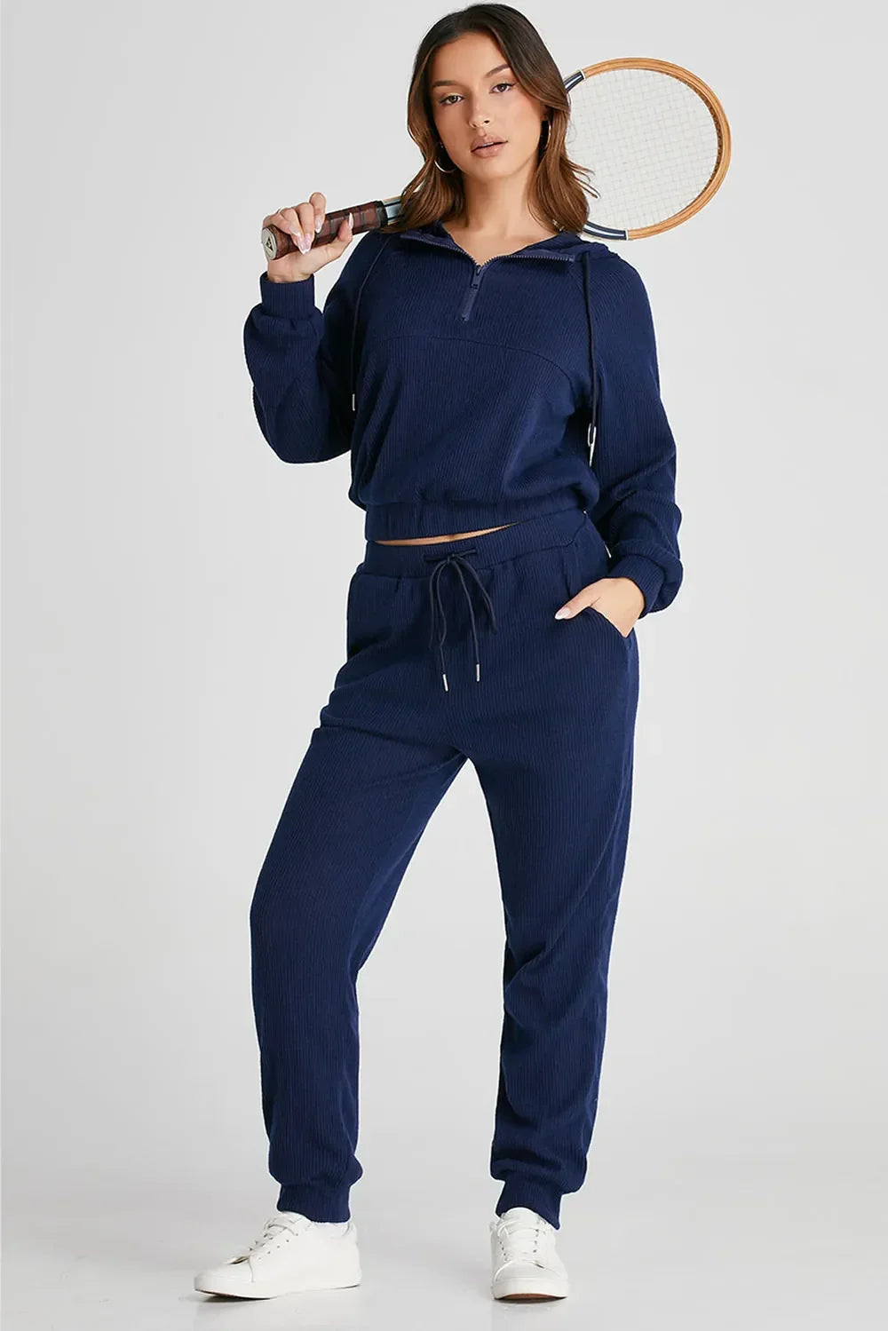 Drawstring Half Zip Hoodie and Joggers Active Set - tif-shop24.de