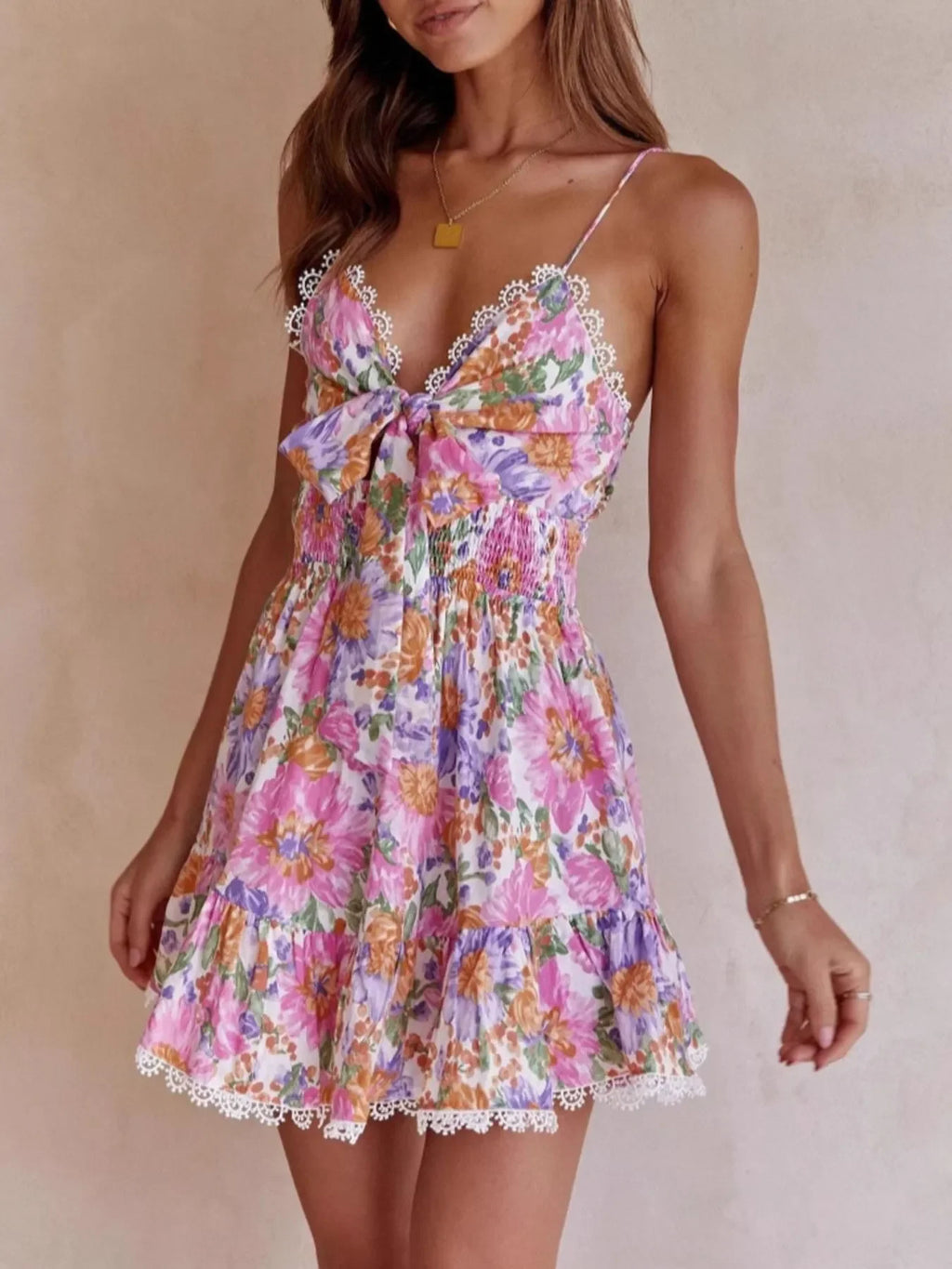 Floral Print Tie-Front Cami Dress with Lace Trim - tif-shop24.de