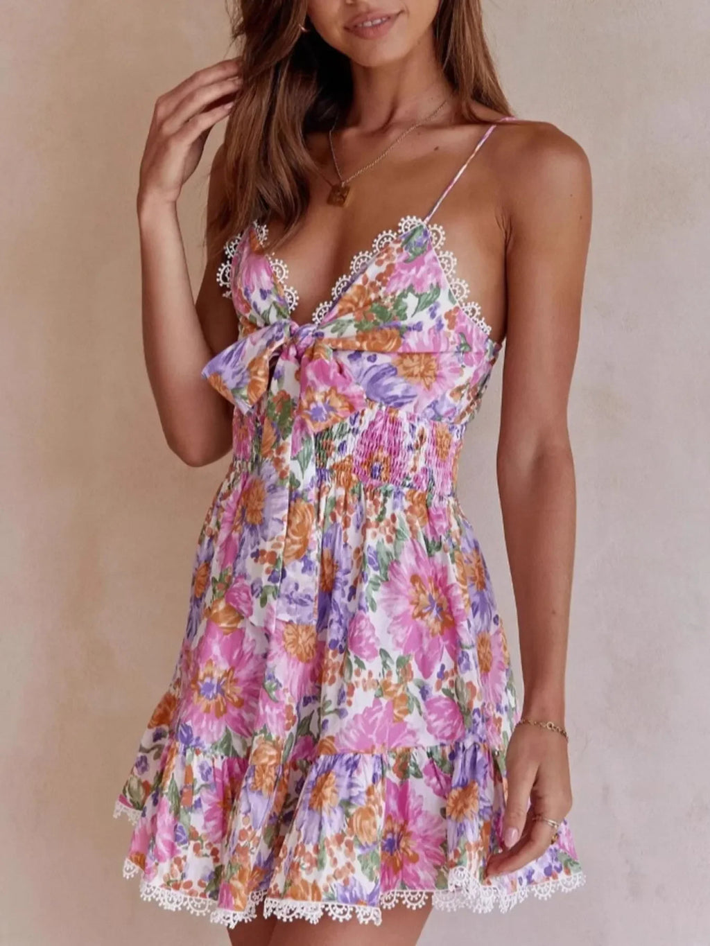 Floral Print Tie-Front Cami Dress with Lace Trim - tif-shop24.de