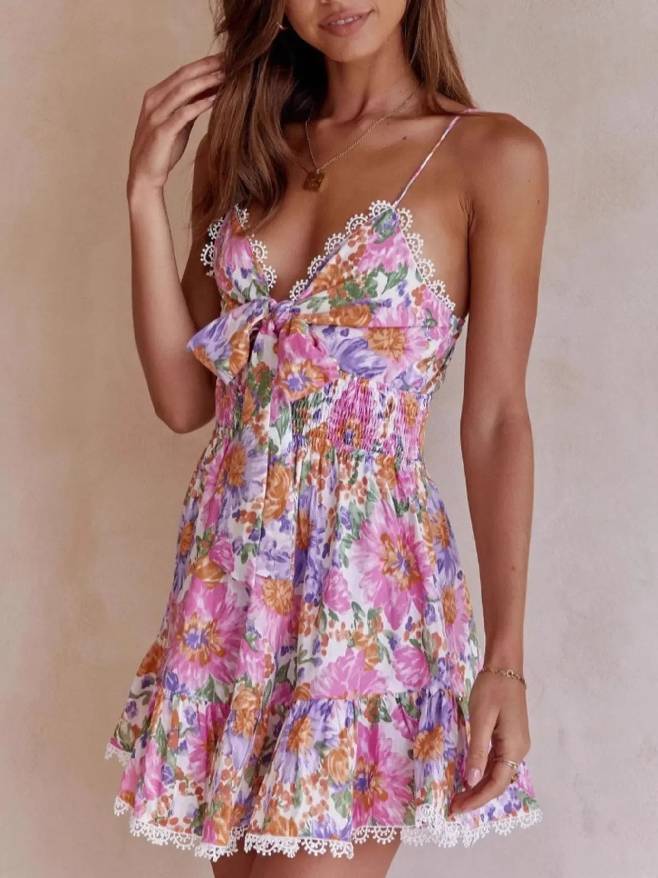 Floral Print Tie-Front Cami Dress with Lace Trim - tif-shop24.de