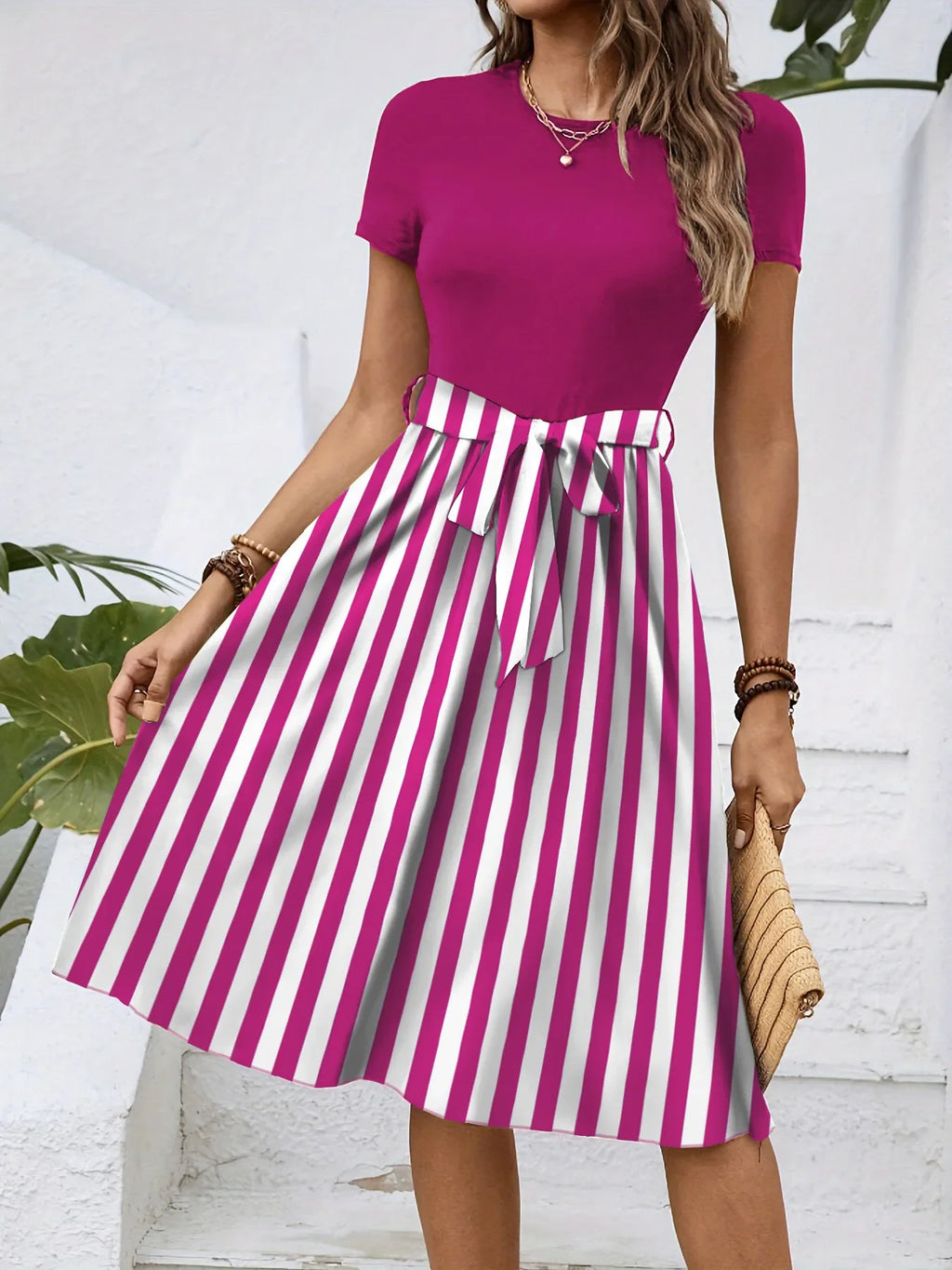 Striped Round Neck Short Sleeve Dress - tif-shop24.de