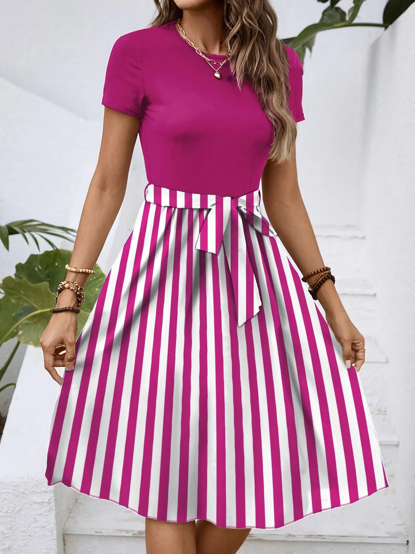 Striped Round Neck Short Sleeve Dress - tif-shop24.de
