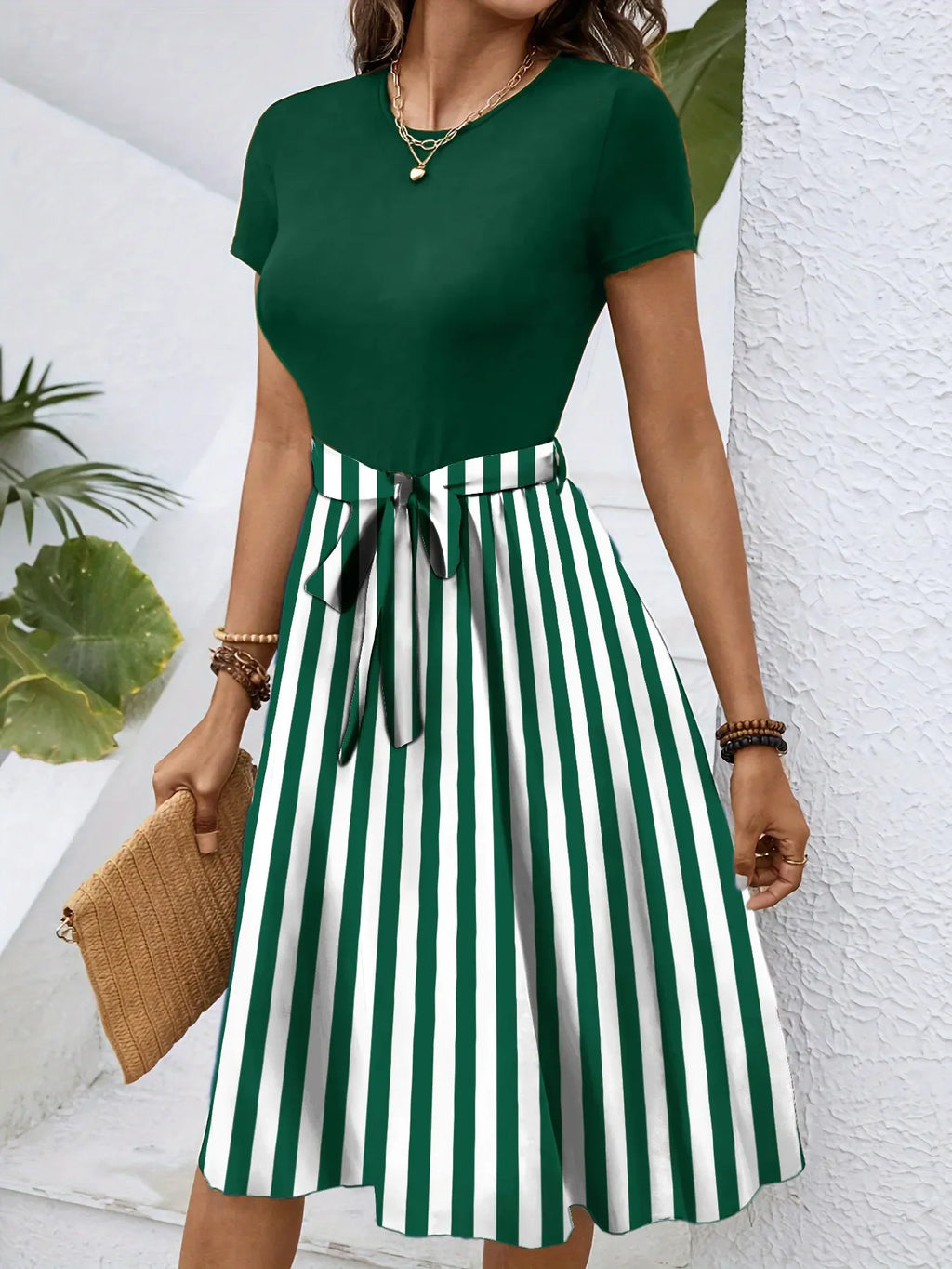 Striped Round Neck Short Sleeve Dress - tif-shop24.de