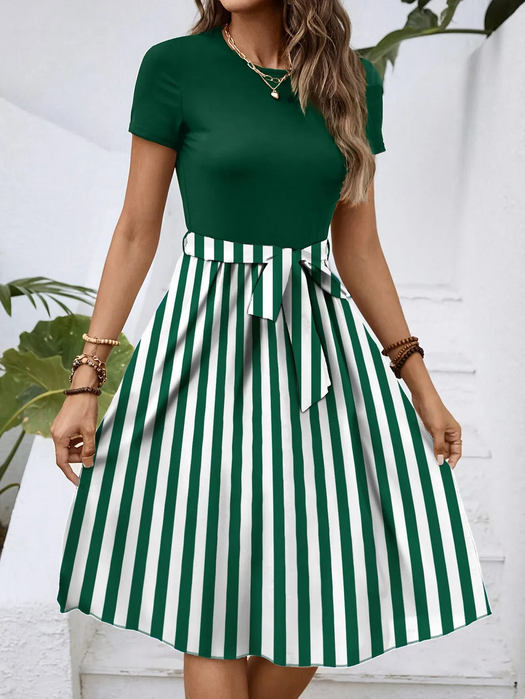 Striped Round Neck Short Sleeve Dress - tif-shop24.de