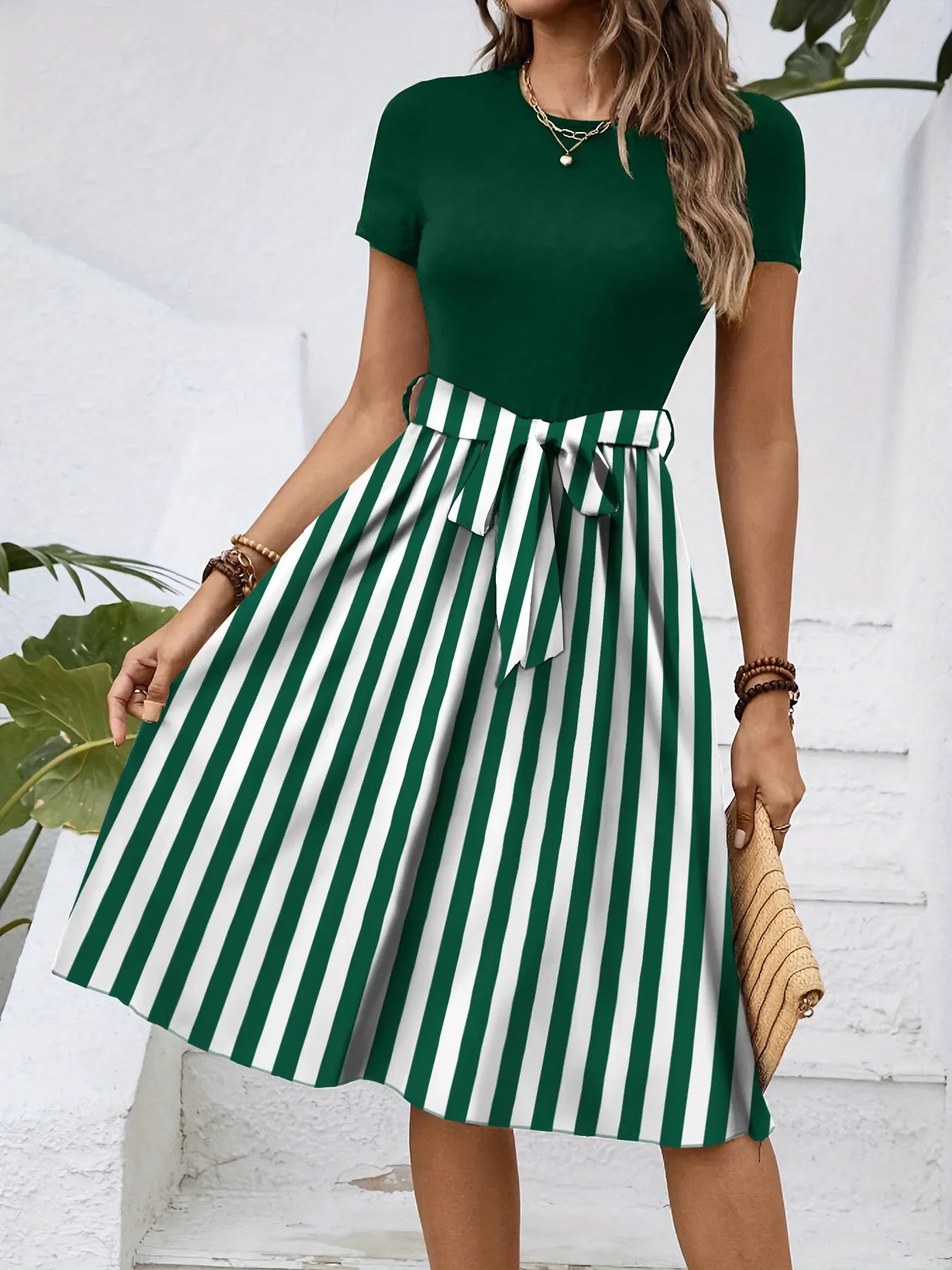 Striped Round Neck Short Sleeve Dress - tif-shop24.de