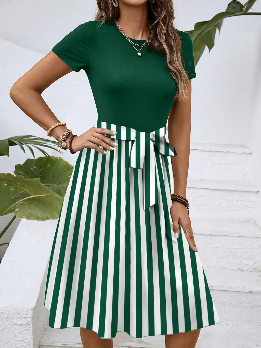 Striped Round Neck Short Sleeve Dress - tif-shop24.de