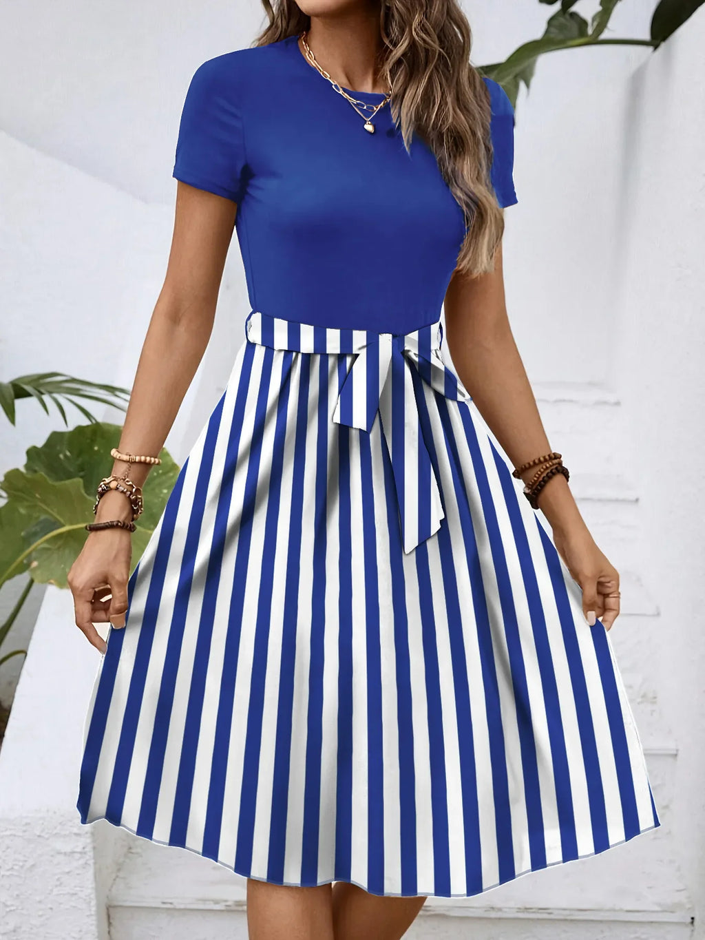 Striped Round Neck Short Sleeve Dress - tif-shop24.de