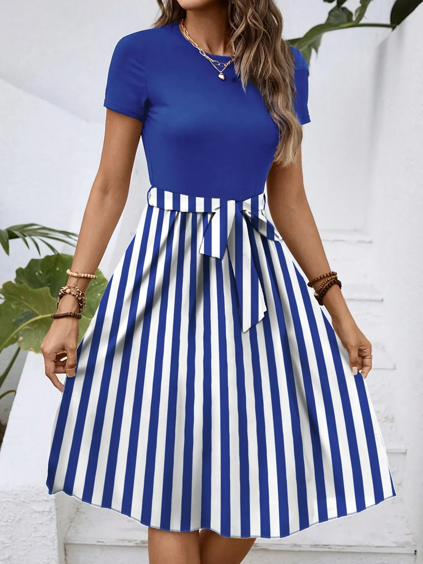 Striped Round Neck Short Sleeve Dress - tif-shop24.de
