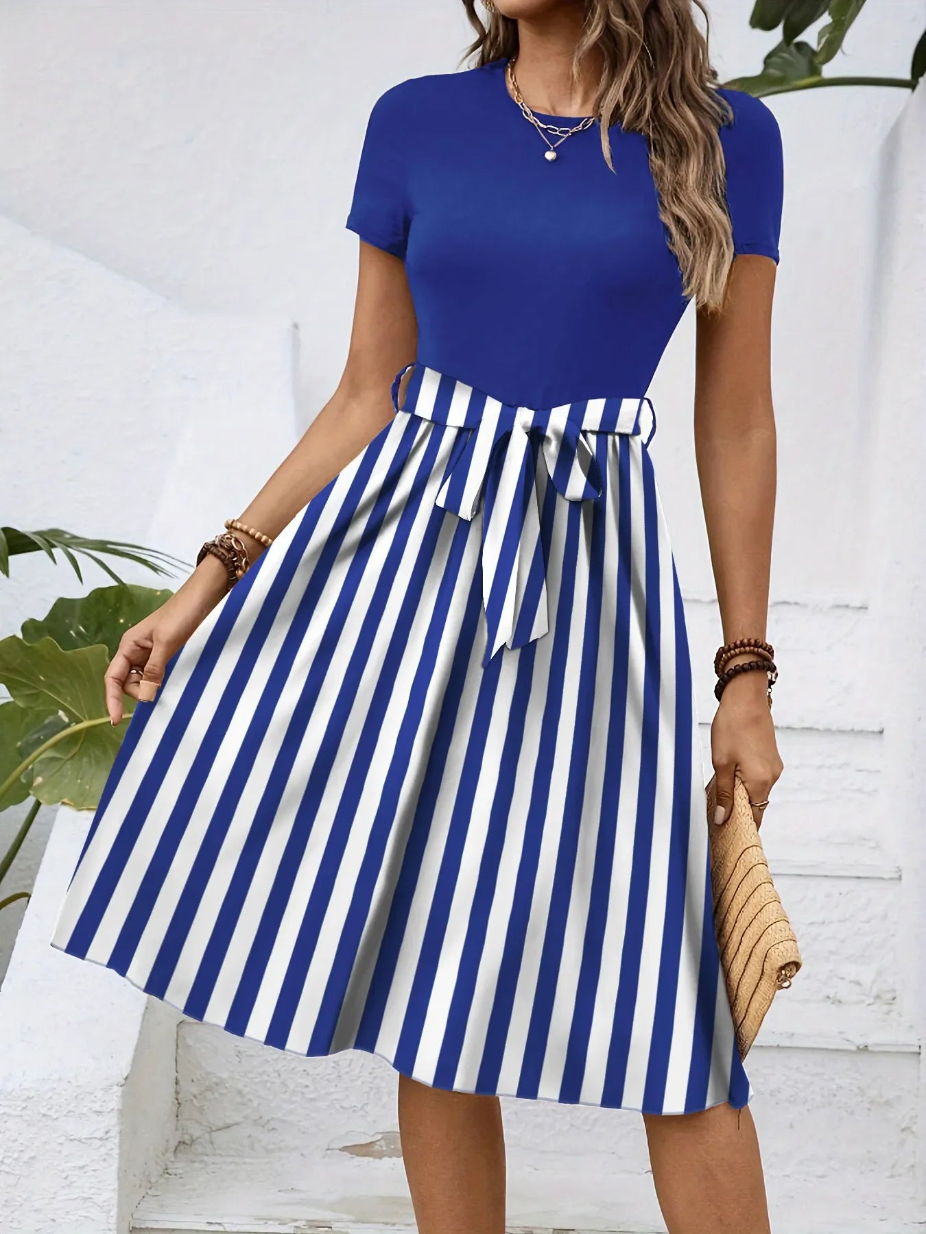Striped Round Neck Short Sleeve Dress - tif-shop24.de