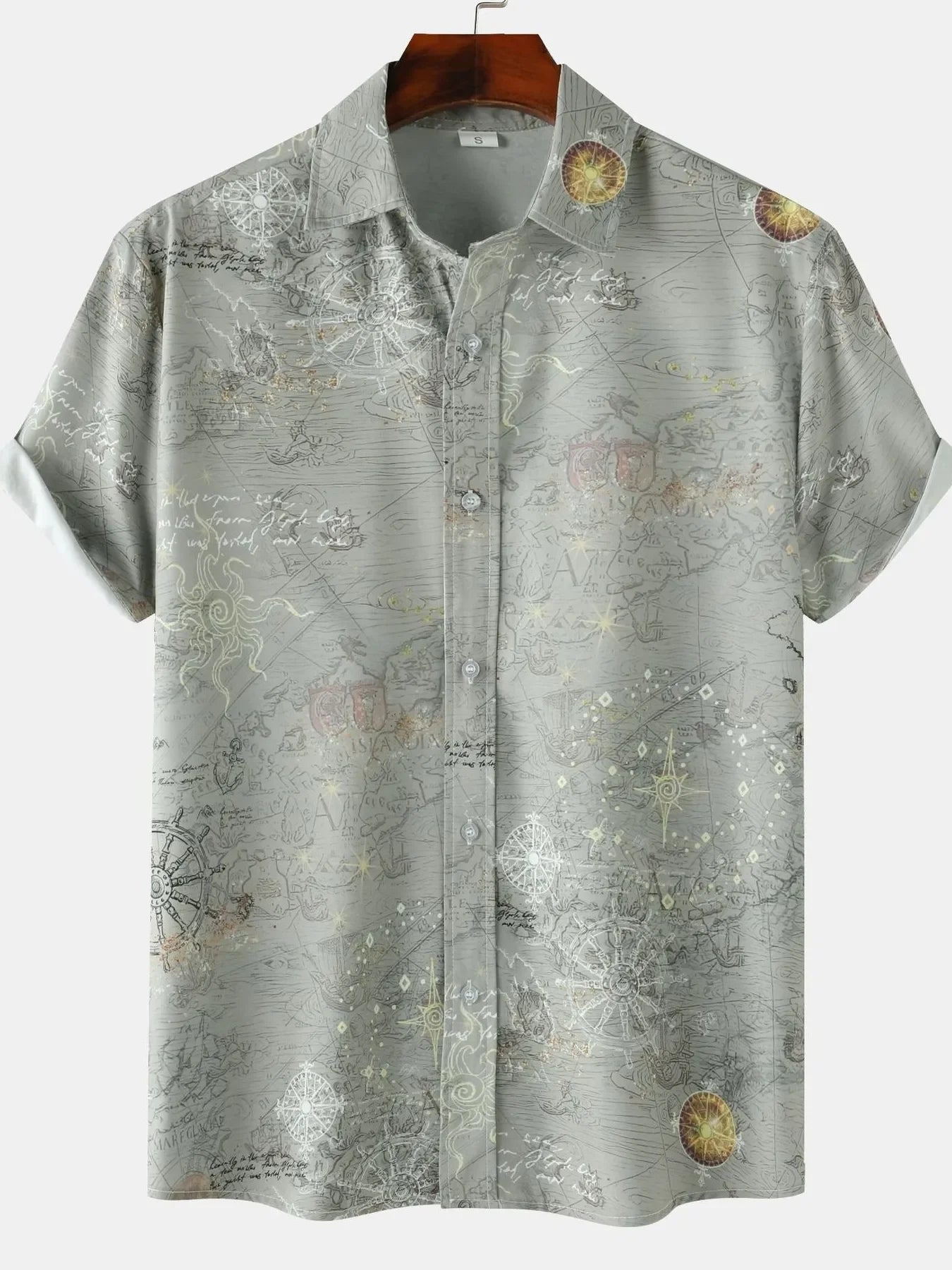 Men's Vintage Map Print Short Sleeve Button Down Shirt - tif-shop24.de