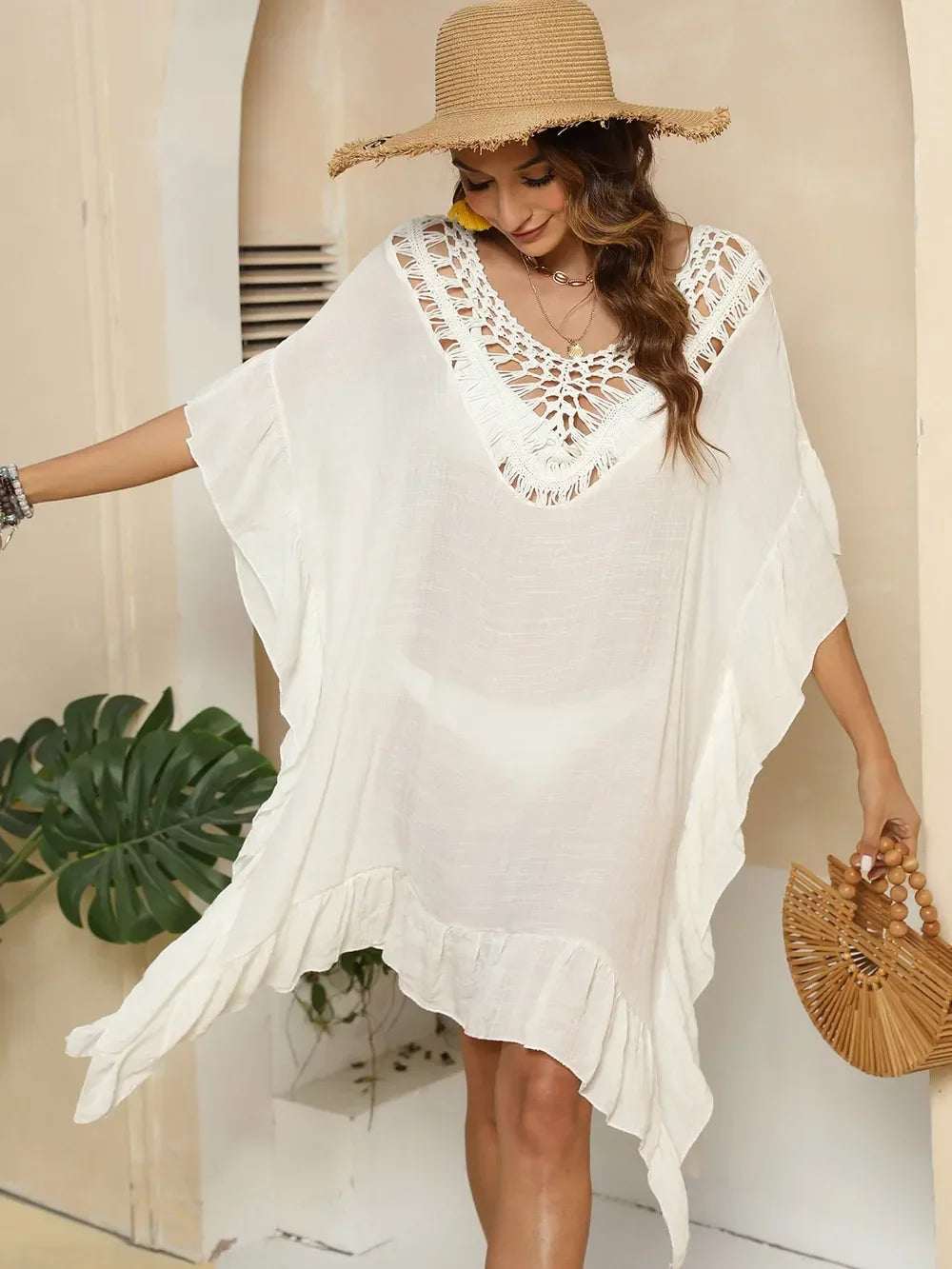 Cutout Ruffled Half Sleeve Cover-Up - tif-shop24.de