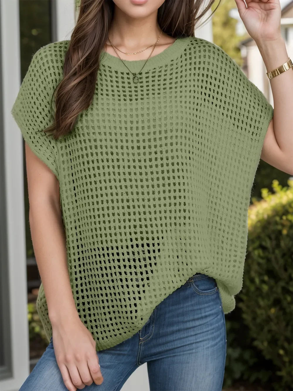 Openwork Round Neck Short Sleeve Cover-Up - tif-shop24.de