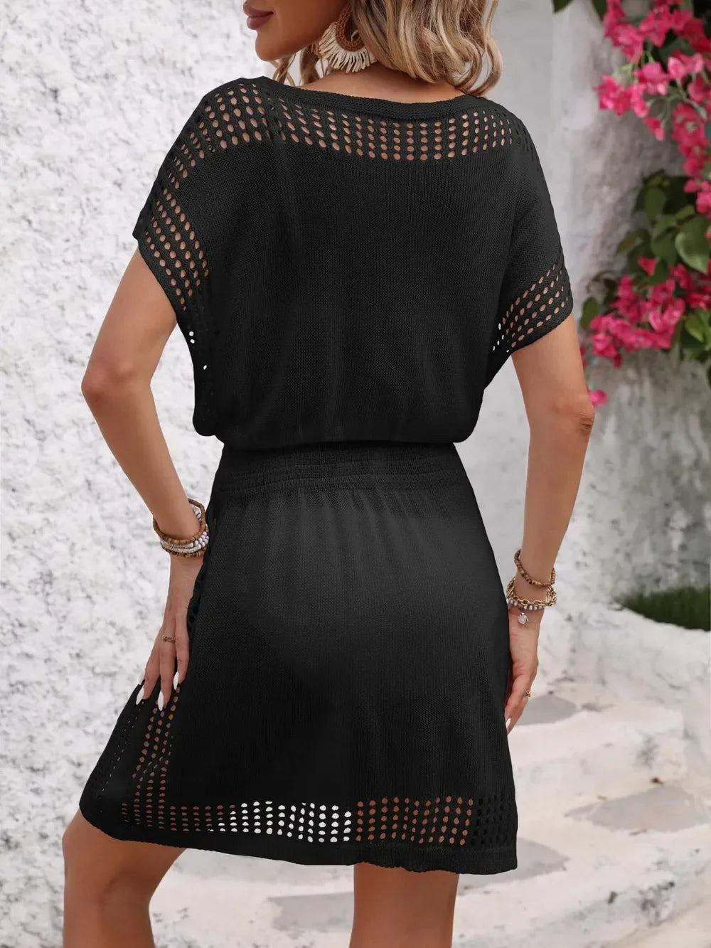 Openwork V-Neck Short Sleeve Cover-Up Dress - tif-shop24.de
