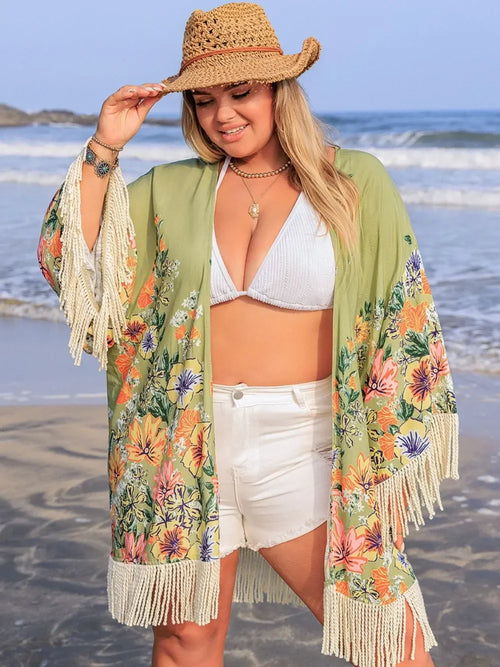 Plus Size Fringe Open Front Cover-Up - tif-shop24.de