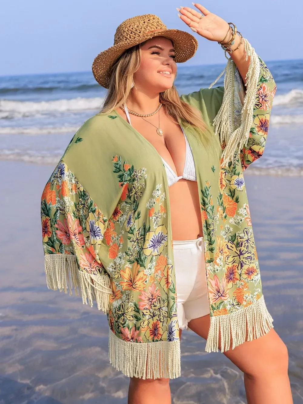 Plus Size Fringe Open Front Cover-Up - tif-shop24.de