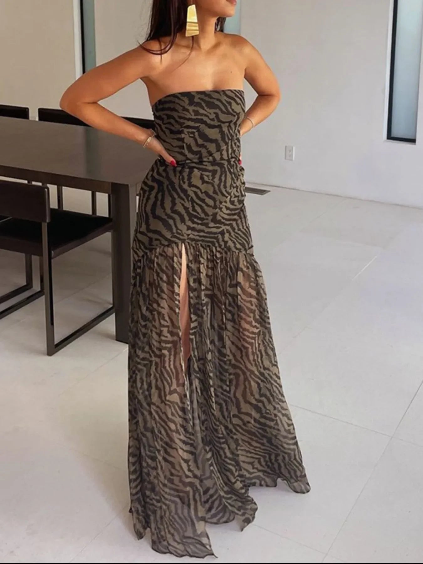 Zebra Print Maxi Dress with Side Slit - tif-shop24.de