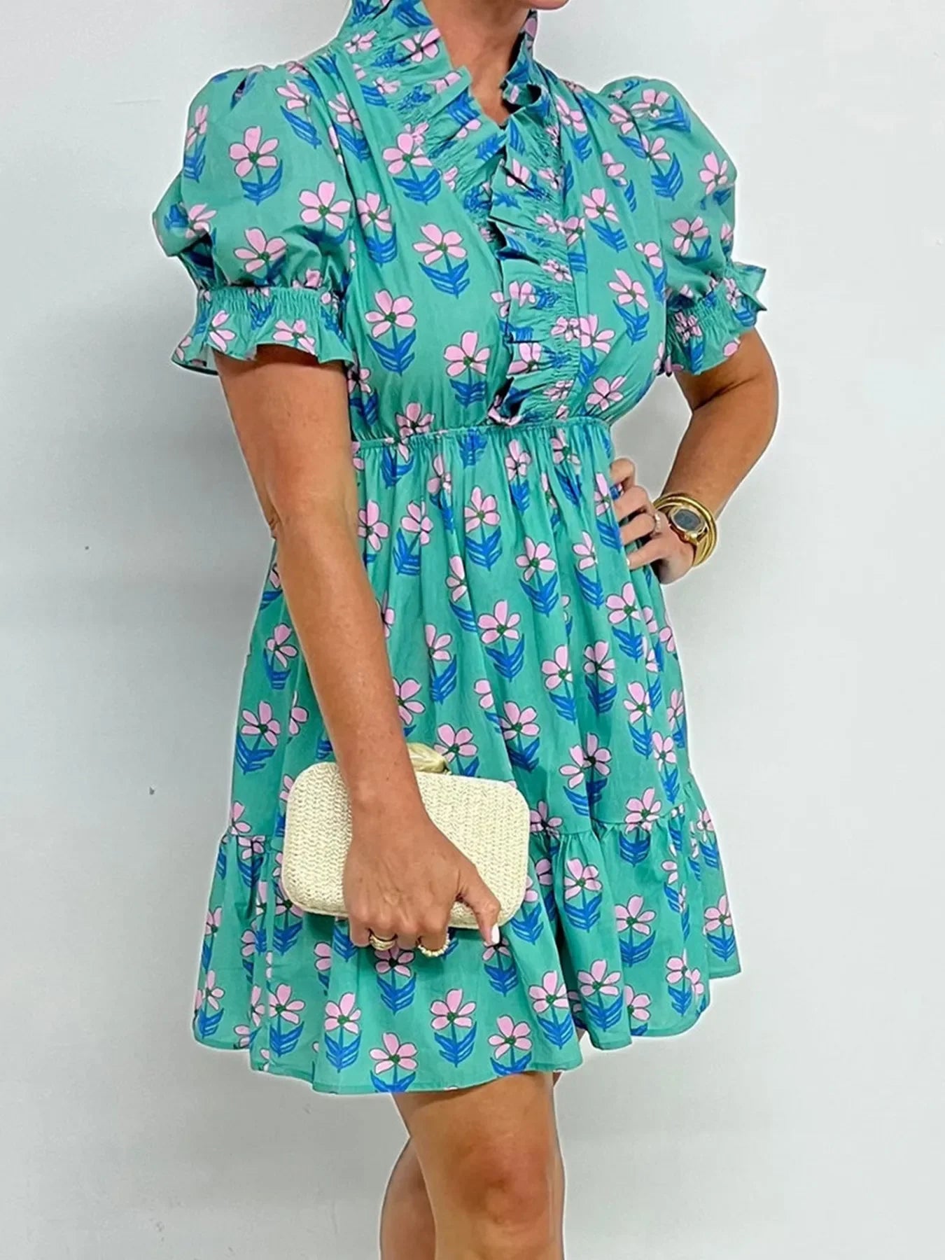 Floral Print Puff Sleeve Shirt Dress - tif-shop24.de