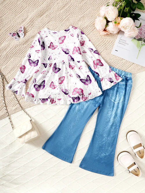 Children's Butterfly Print Top and Flare Pants Set - tif-shop24.de