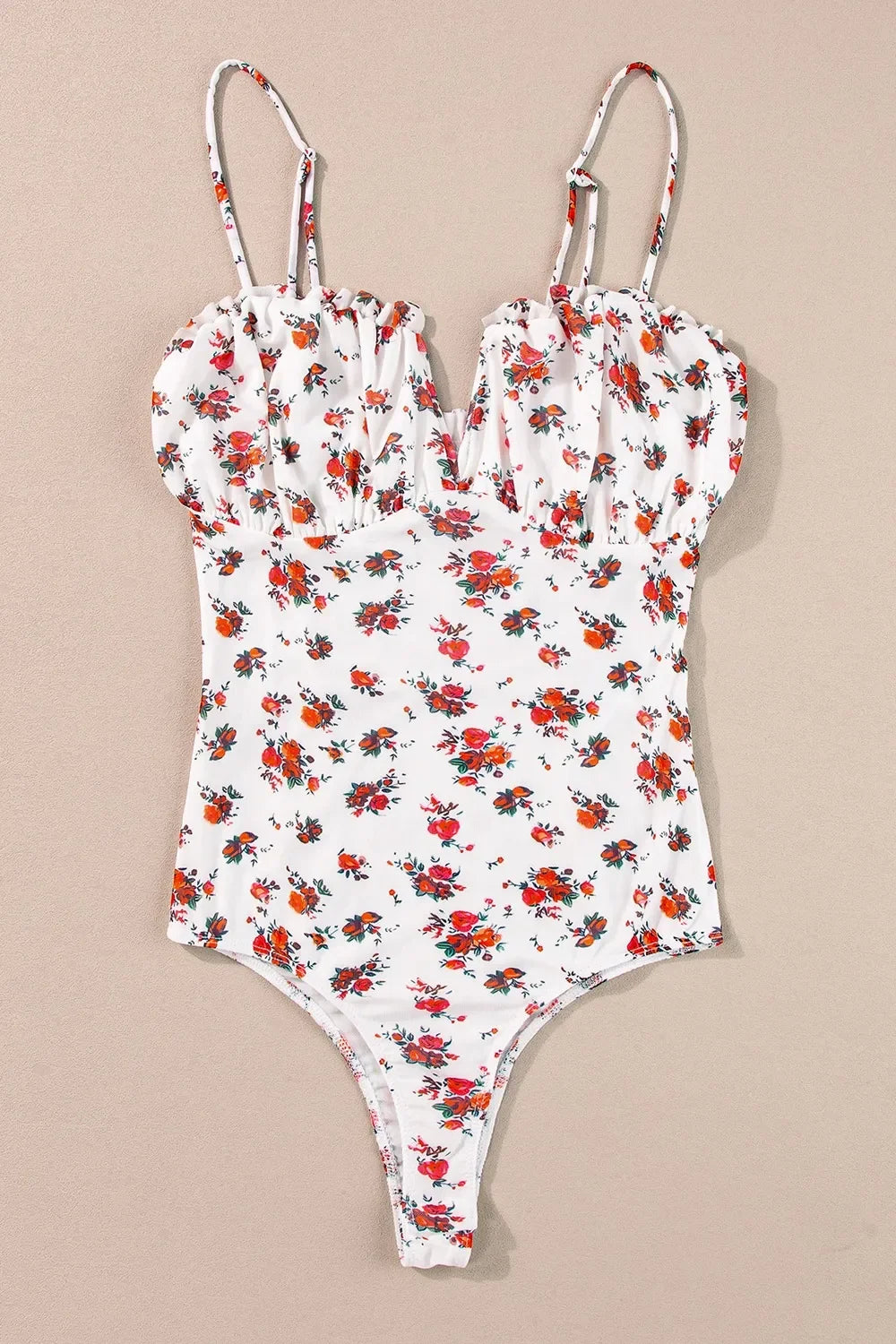 Floral Frilled Trim Spaghetti Straps Bodysuit - tif-shop24.de