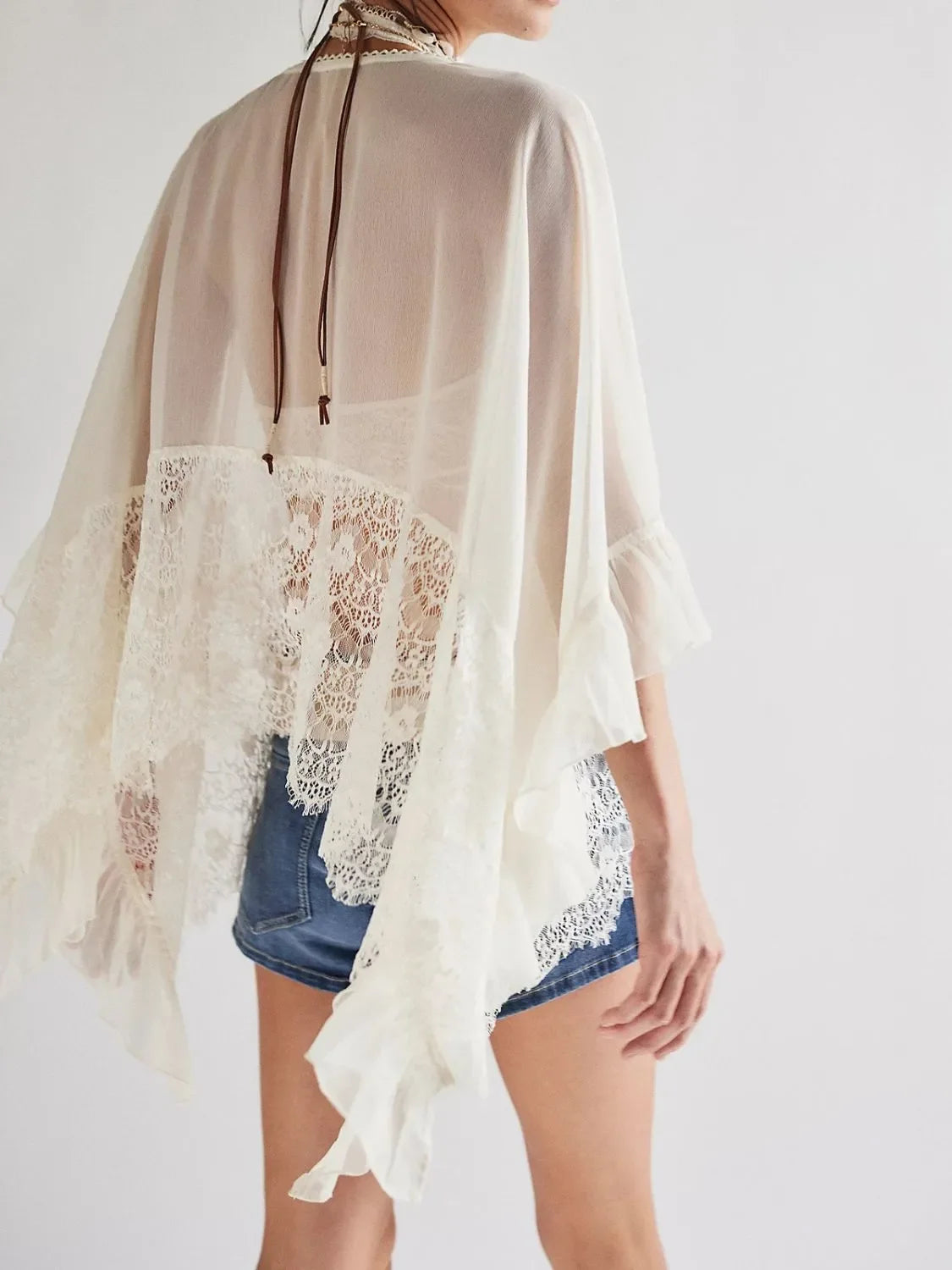 Lace V-Neck Ruffle Long Sleeve Cover-Up - tif-shop24.de