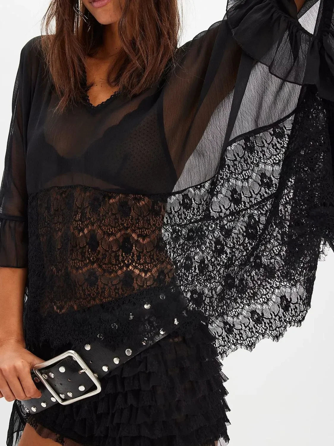 Lace V-Neck Ruffle Long Sleeve Cover-Up - tif-shop24.de