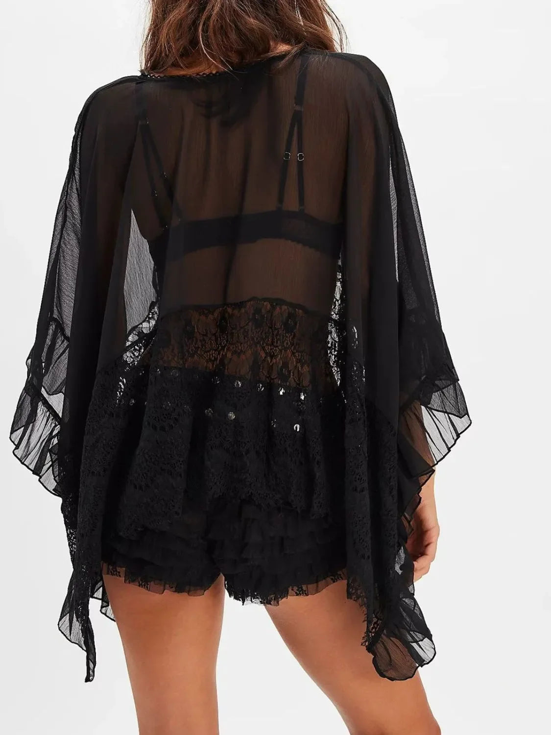 Lace V-Neck Ruffle Long Sleeve Cover-Up - tif-shop24.de
