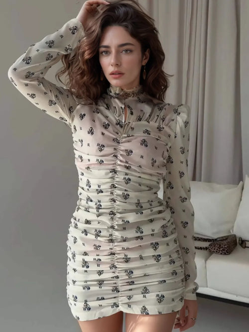 Printed Ruched Long Sleeve Mini Dress - tif-shop24.de