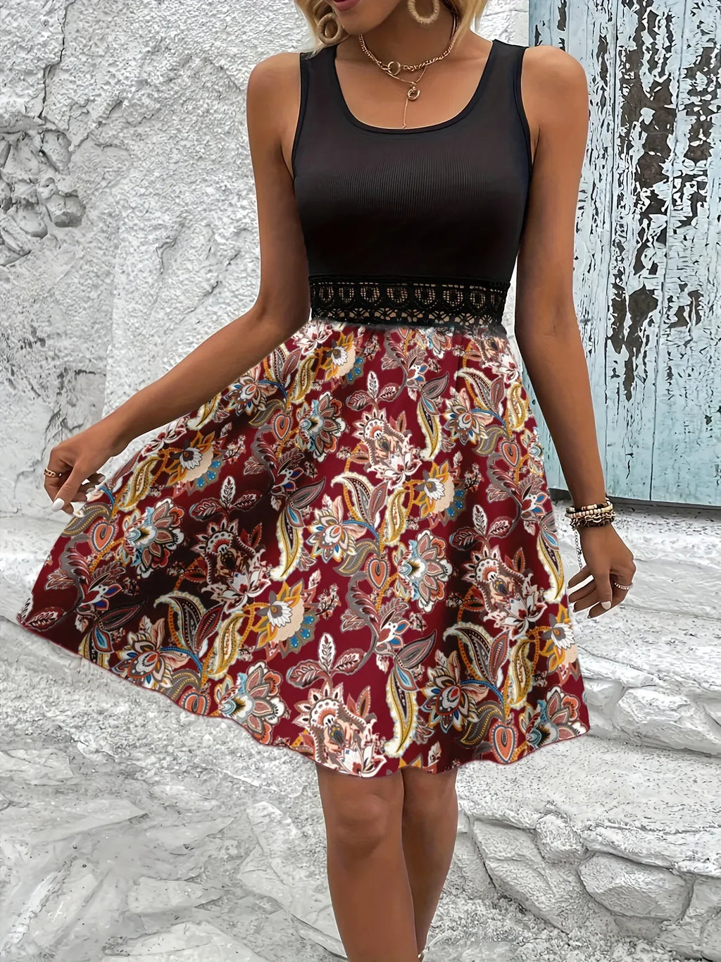 Printed A-Line Tank Dress with Lace Waist Detail - tif-shop24.de