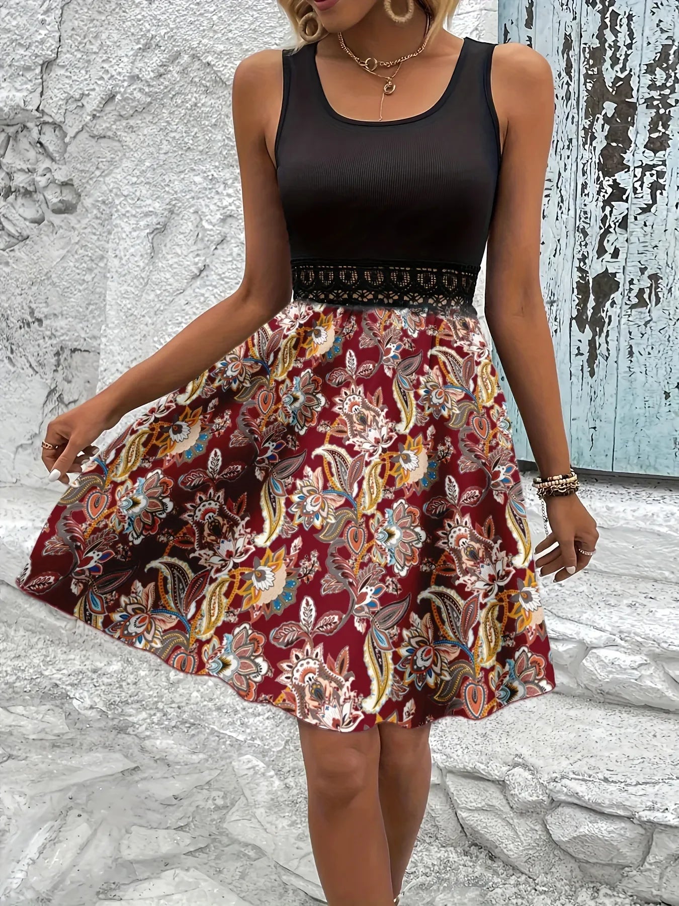 Printed A-Line Tank Dress with Lace Waist Detail - tif-shop24.de