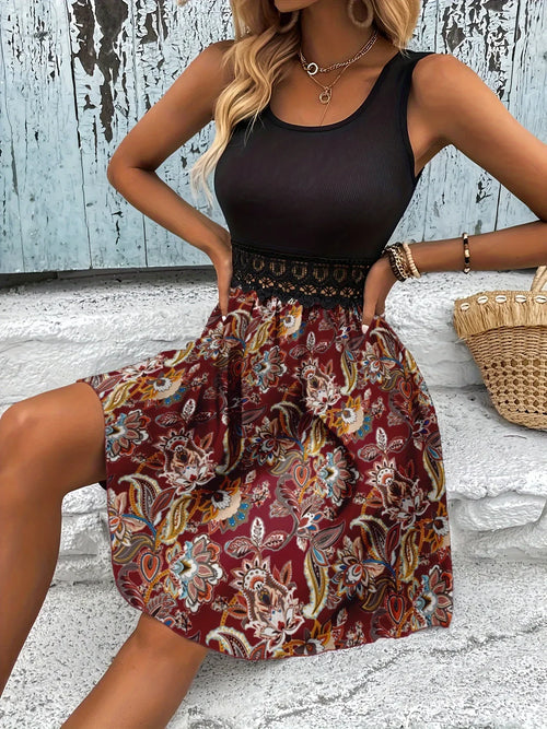 Printed A-Line Tank Dress with Lace Waist Detail - tif-shop24.de
