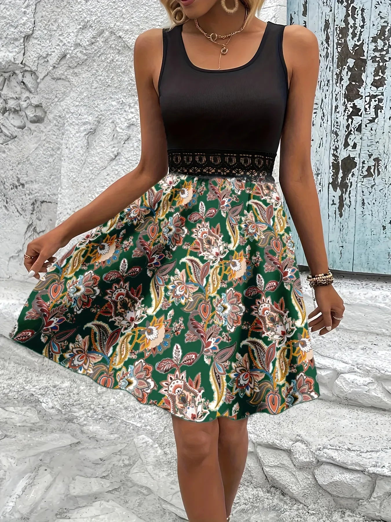 Printed A-Line Tank Dress with Lace Waist Detail - tif-shop24.de